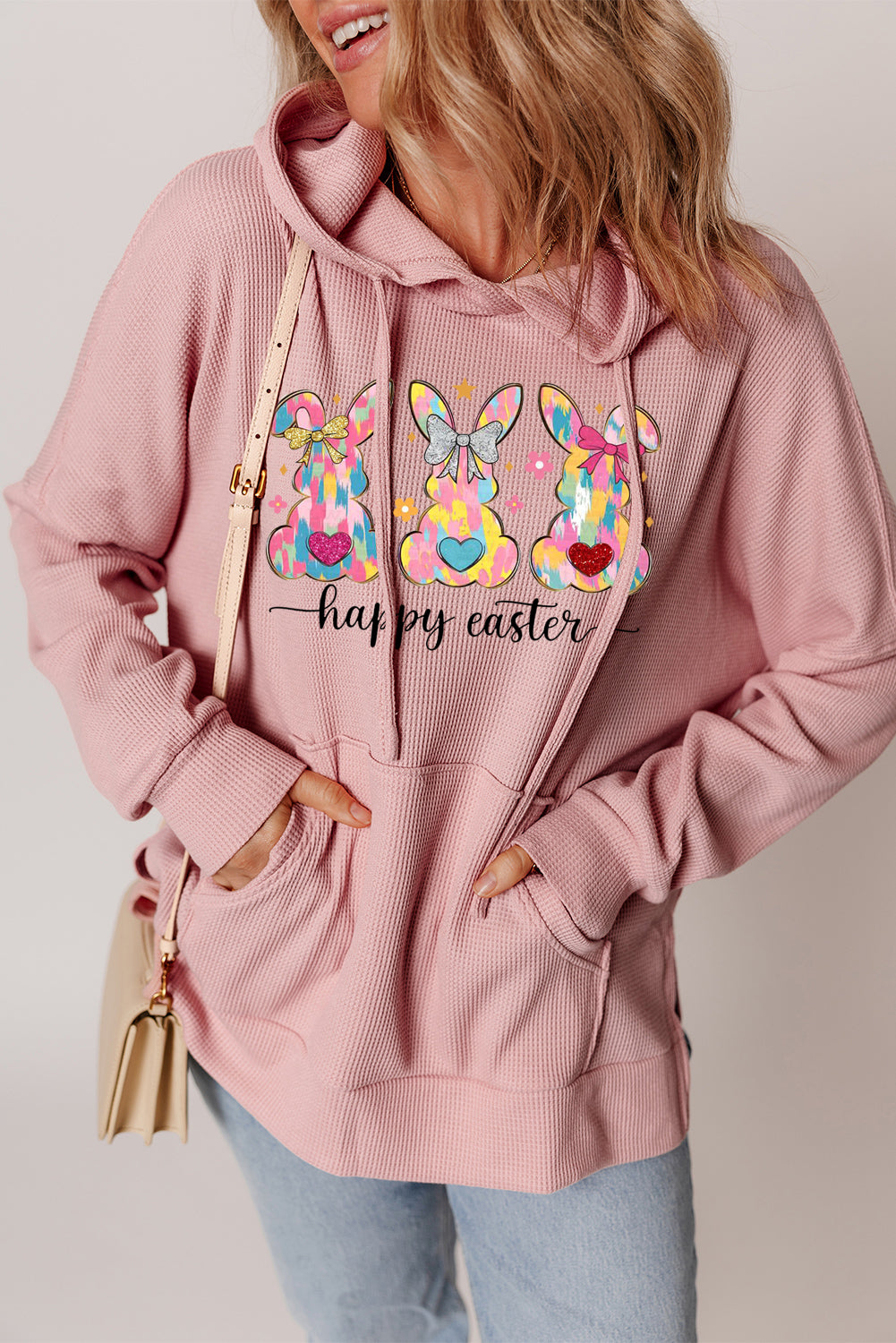 Easter Bunny Waffle Knit Fleece Lined High Low Oversized Hoodie