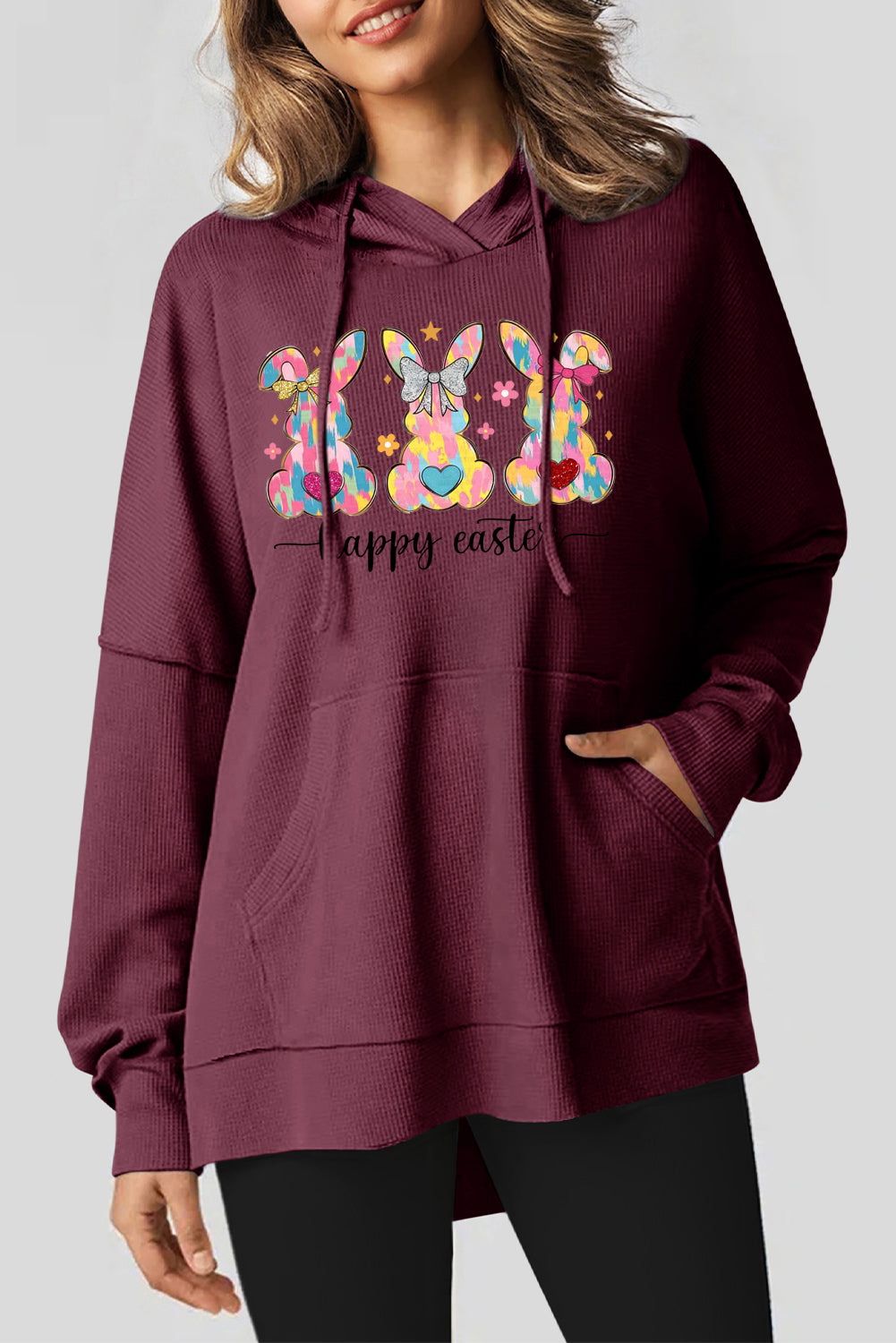 Easter Bunny Waffle Knit Fleece Lined High Low Oversized Hoodie