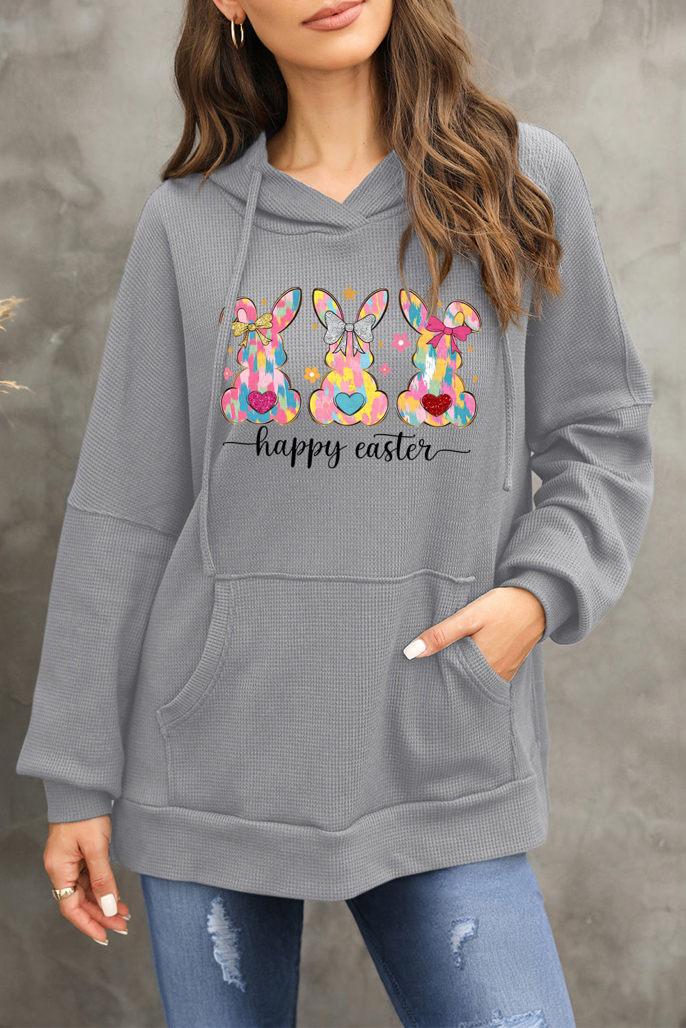 Easter Bunny Waffle Knit Fleece Lined High Low Oversized Hoodie