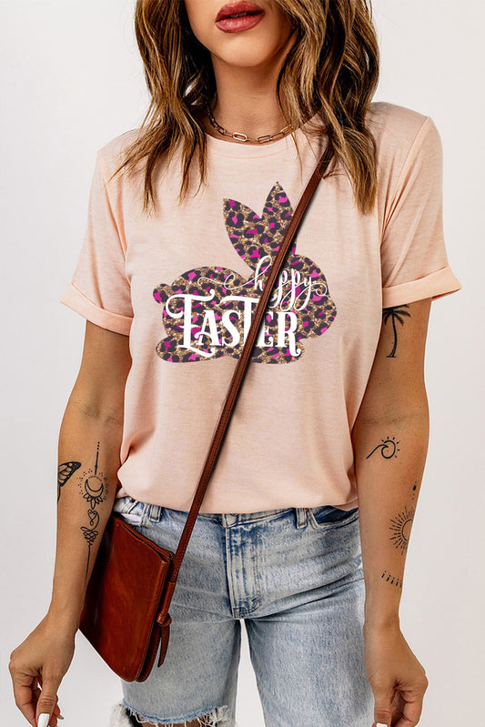Leopard Bunny Graphic Solid Crew Neck T-Shirt with Easter