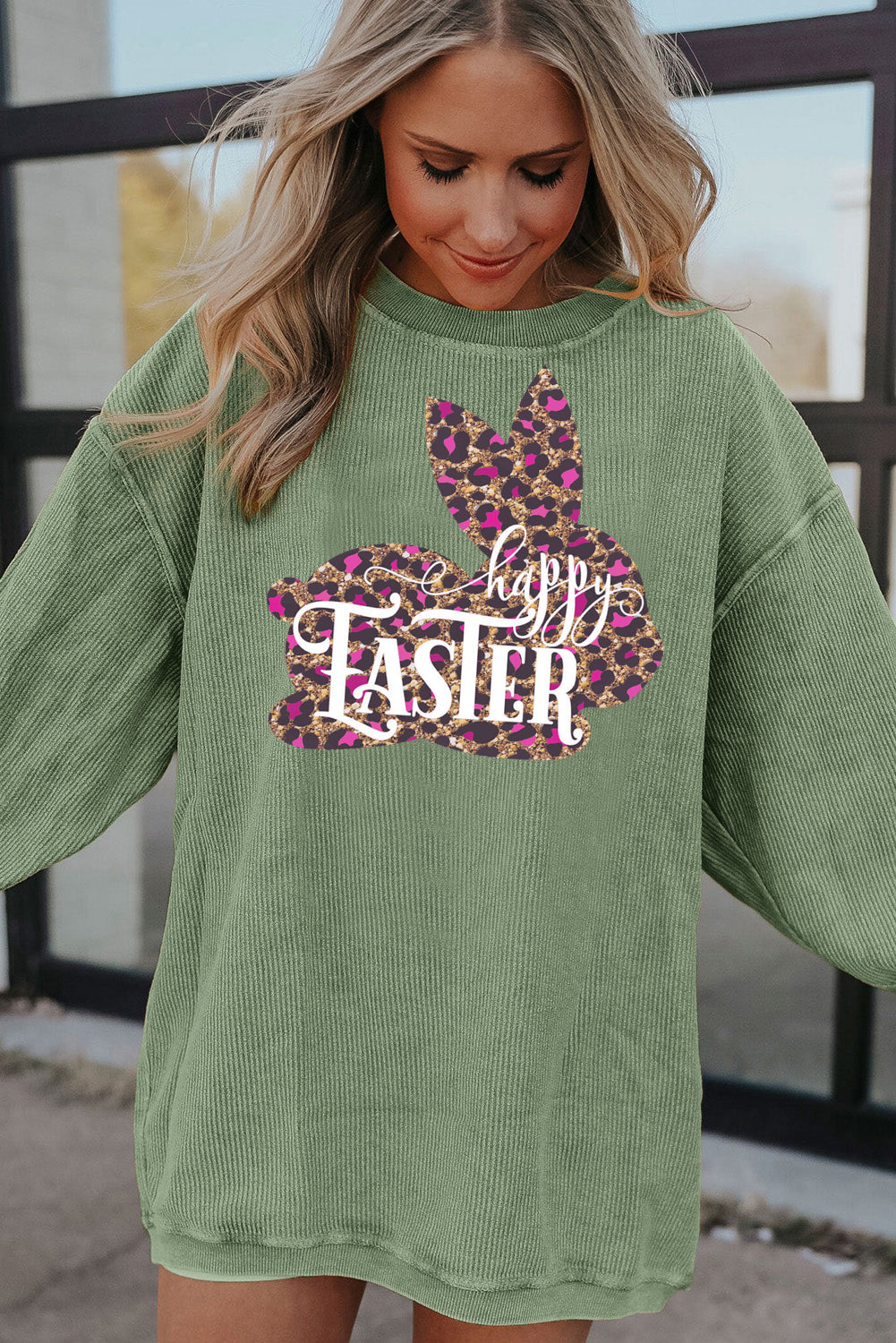 Easter Leopard Bunny Ribbed Corduroy Oversized Pullover