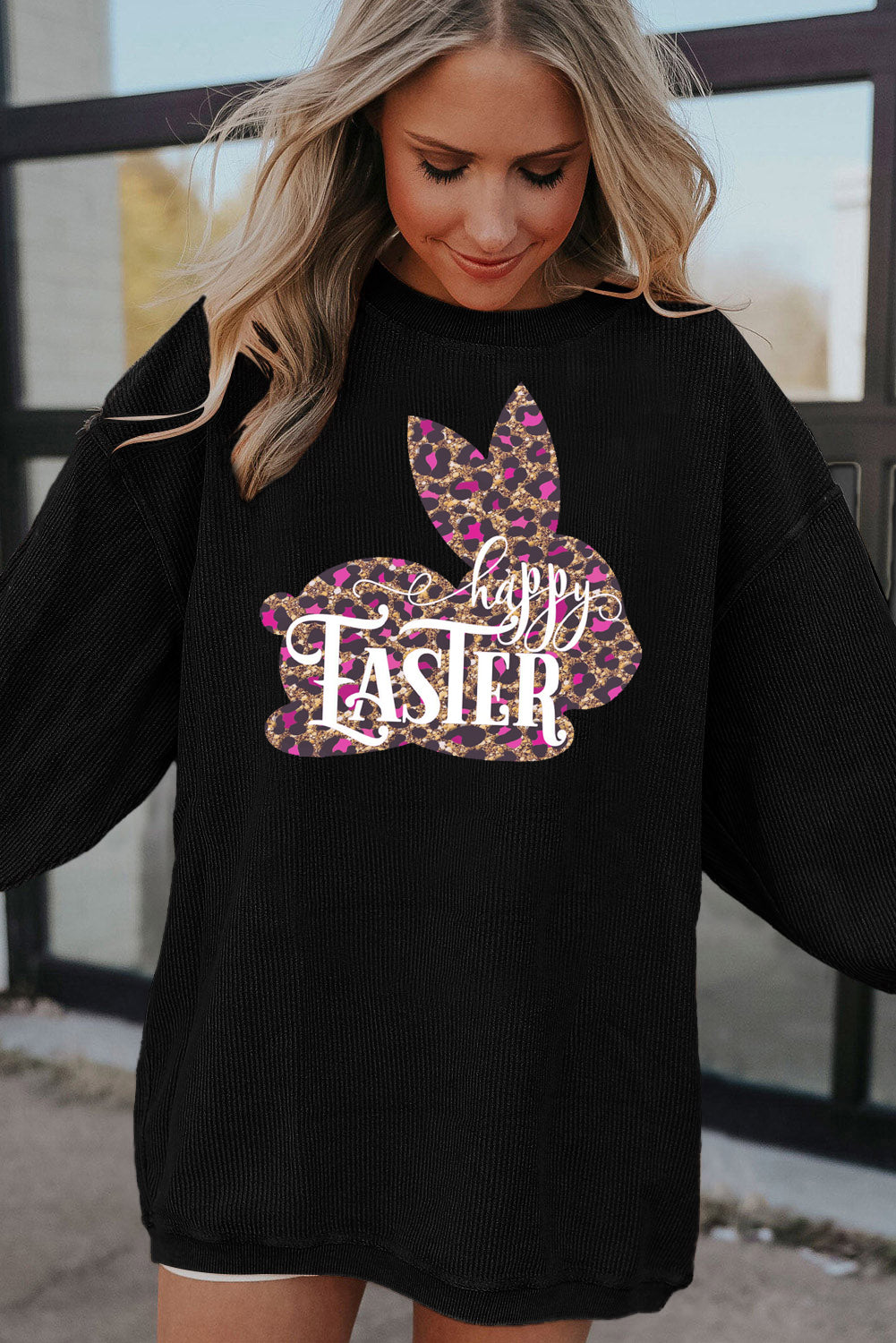Easter Leopard Bunny Ribbed Corduroy Oversized Pullover