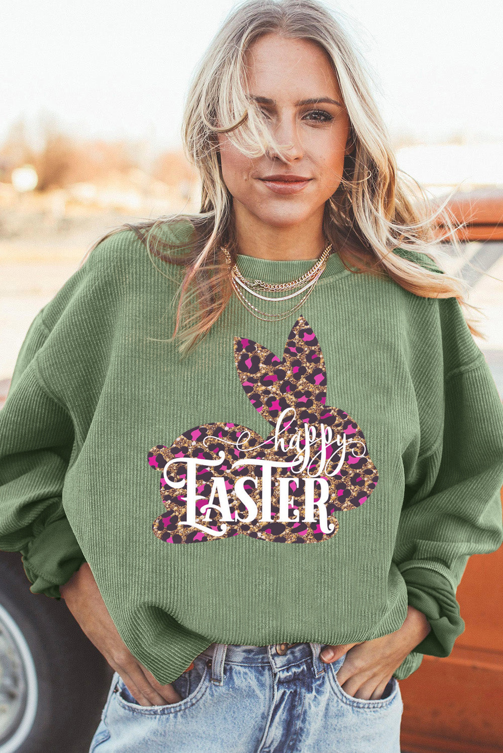 Easter Leopard Bunny Ribbed Corduroy Oversized Pullover