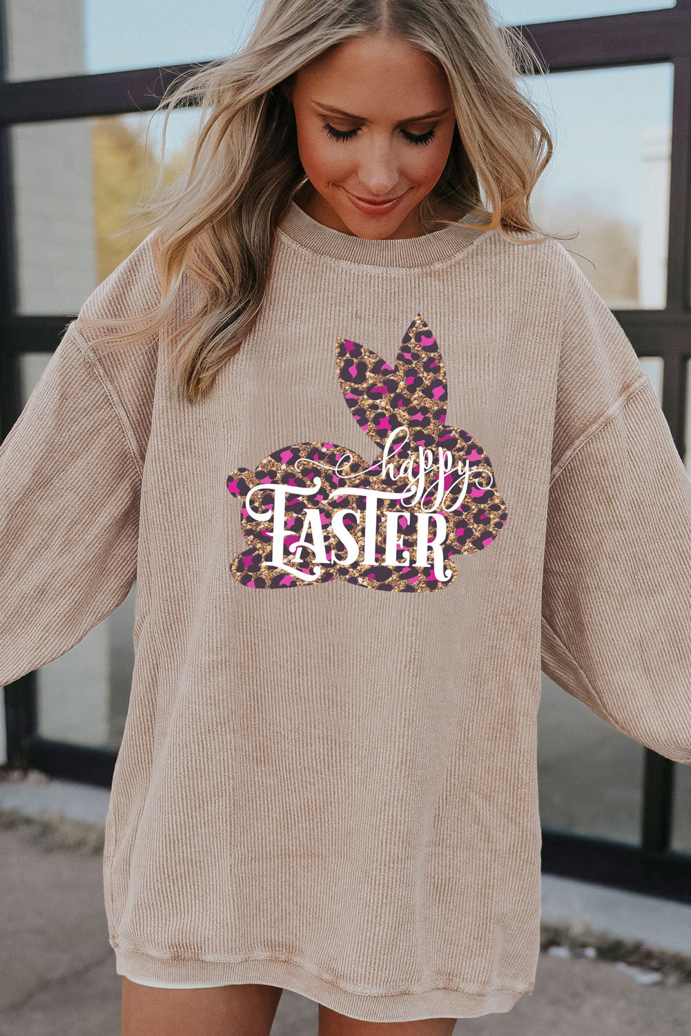 Easter Leopard Bunny Ribbed Corduroy Oversized Pullover
