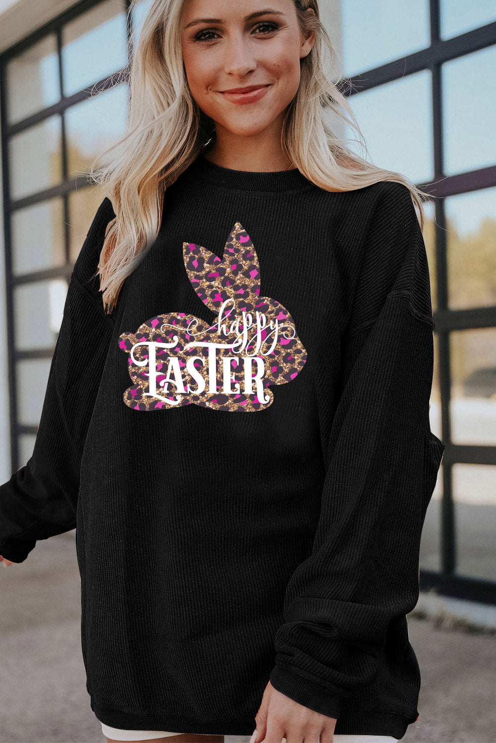 Easter Leopard Bunny Ribbed Corduroy Oversized Pullover