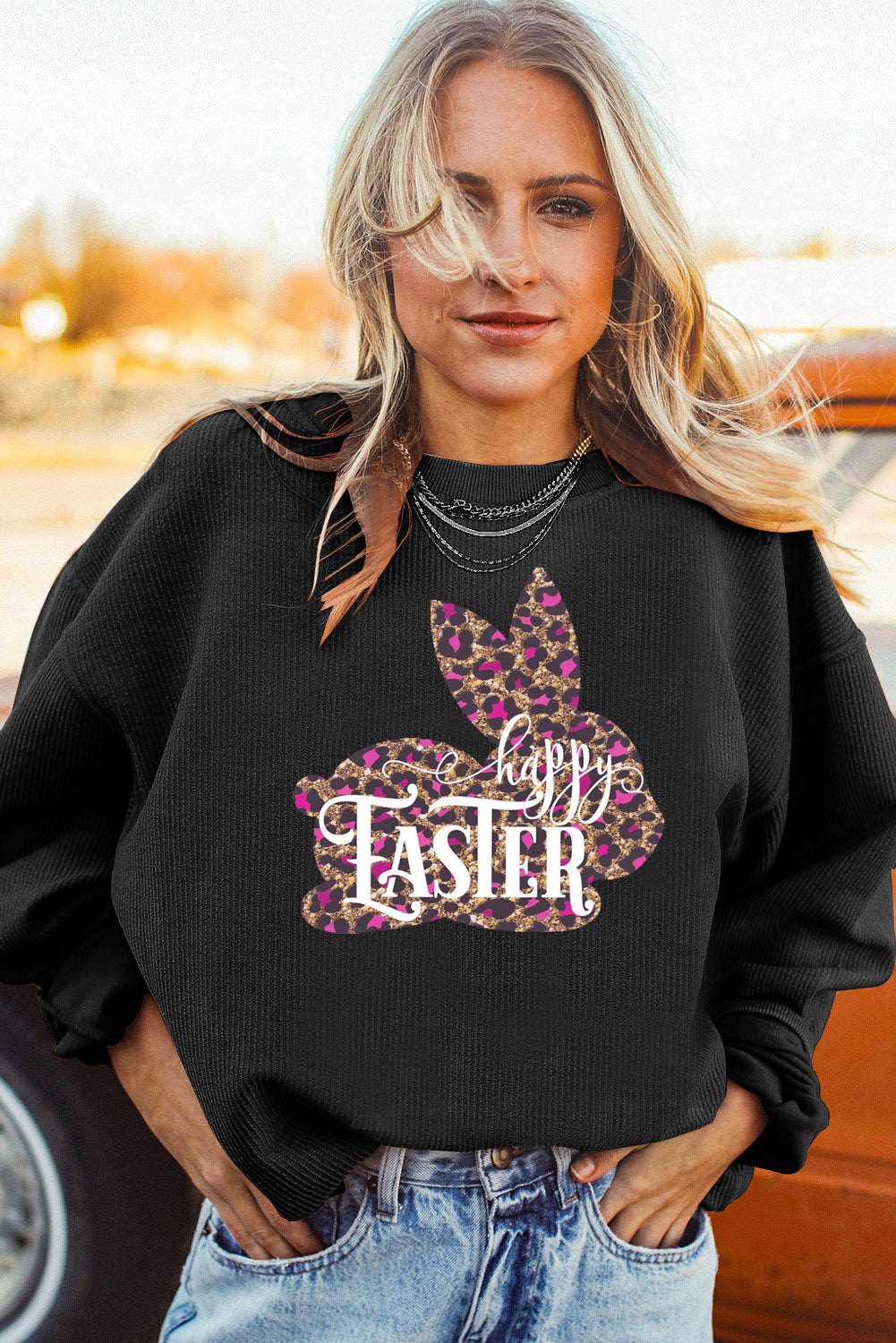 Easter Leopard Bunny Ribbed Corduroy Oversized Pullover