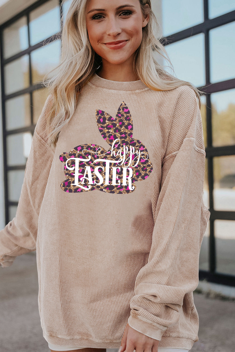 Easter Leopard Bunny Ribbed Corduroy Oversized Pullover