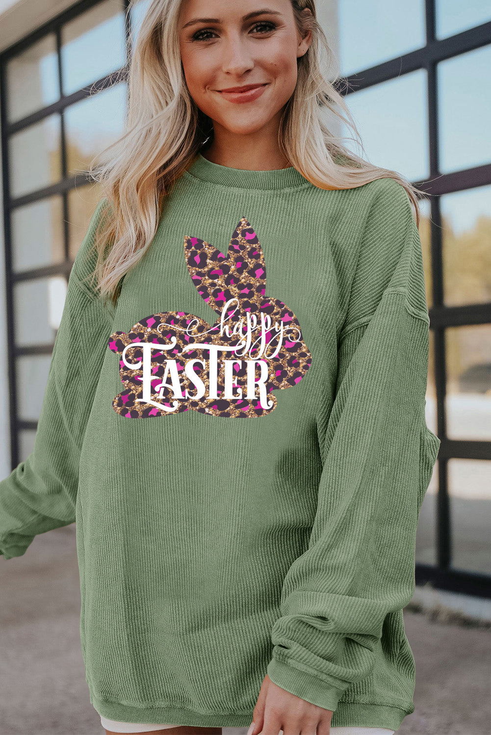Easter Leopard Bunny Ribbed Corduroy Oversized Pullover