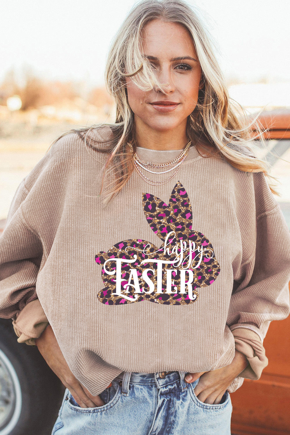 Easter Leopard Bunny Ribbed Corduroy Oversized Pullover