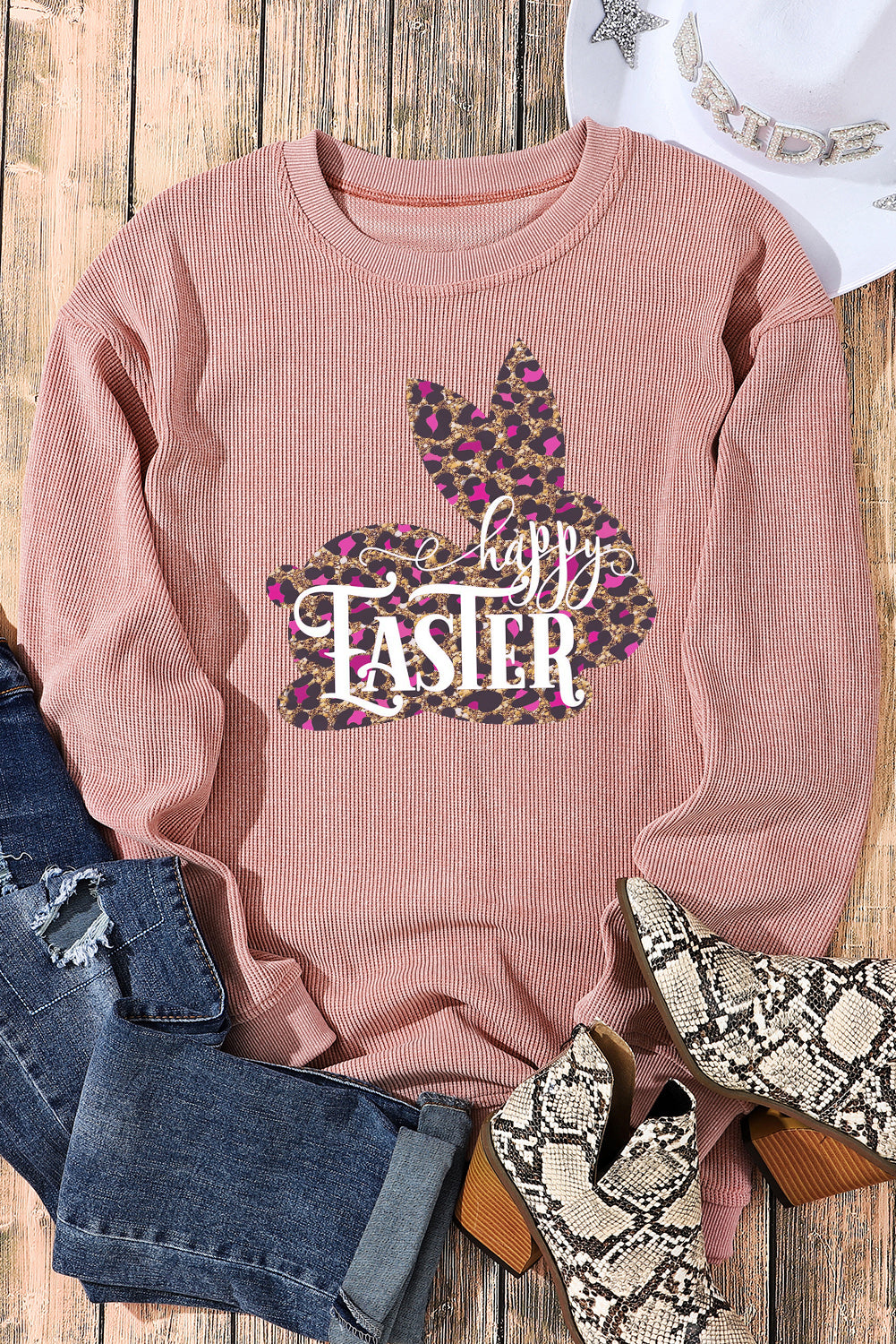 Easter Leopard Bunny Ribbed Knit Round Neck Pullover