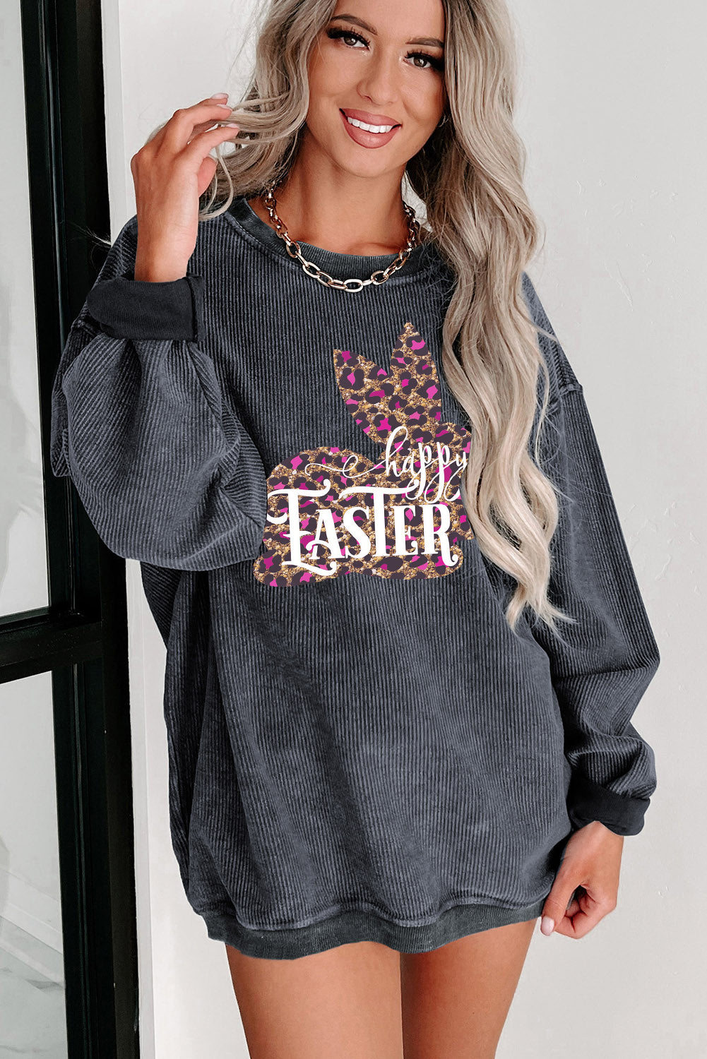Easter Leopard Bunny Ribbed Knit Round Neck Pullover