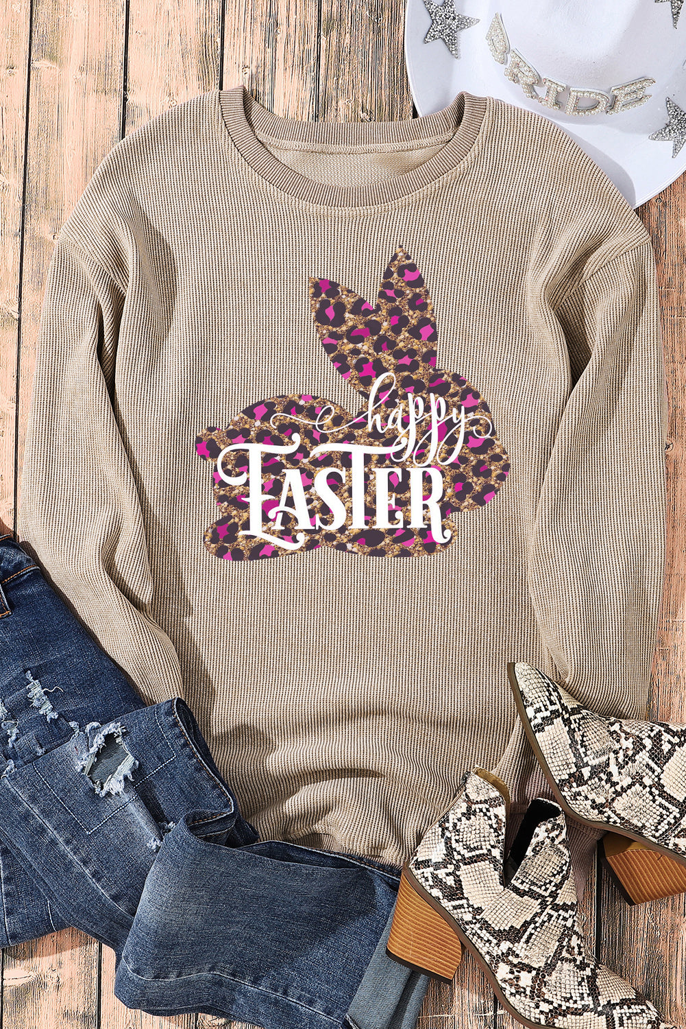 Easter Leopard Bunny Ribbed Knit Round Neck Pullover