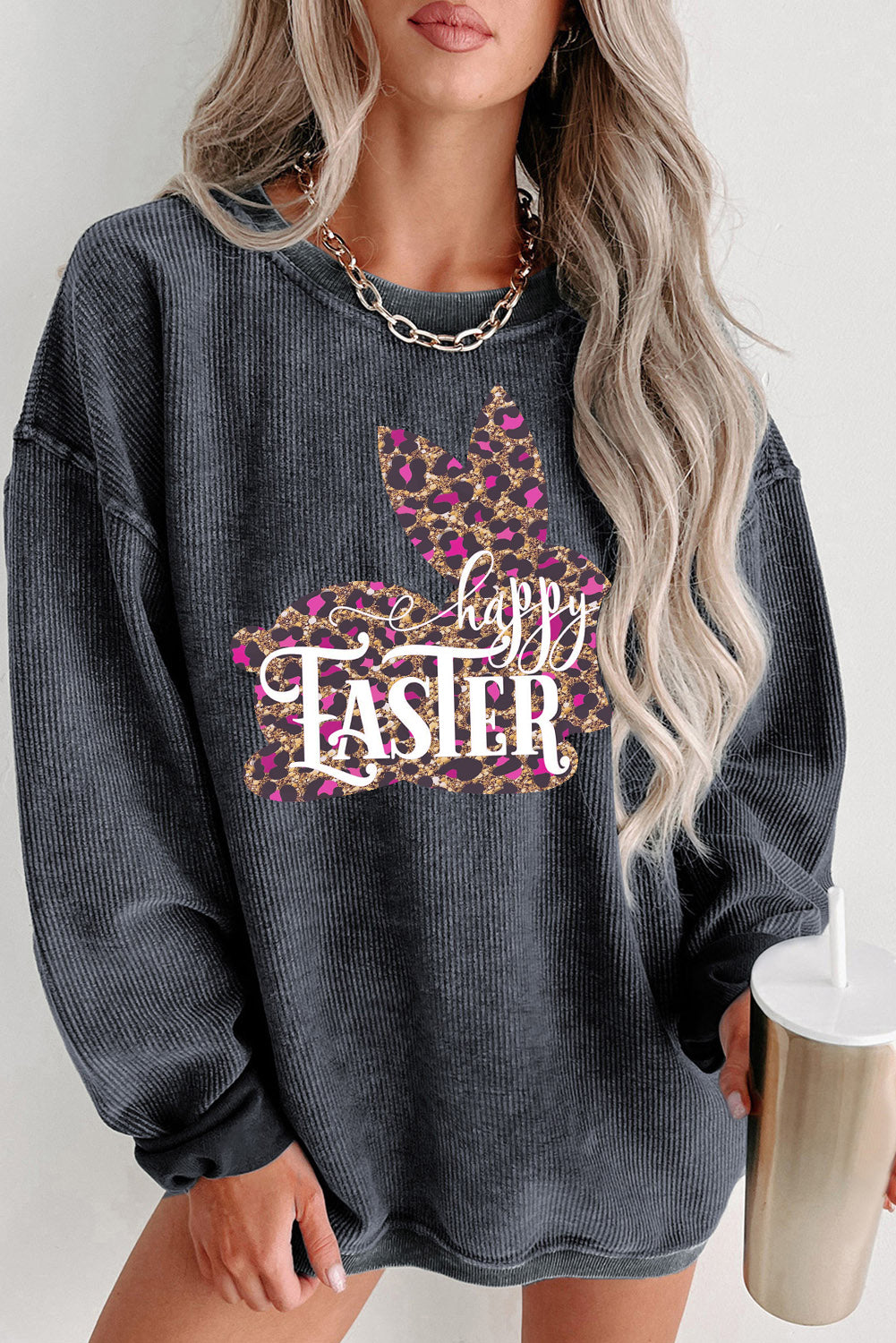 Easter Leopard Bunny Ribbed Knit Round Neck Pullover