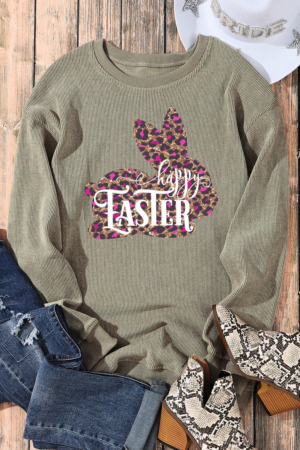 Easter Leopard Bunny Ribbed Knit Round Neck Pullover