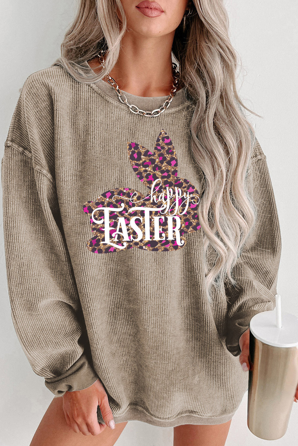 Easter Leopard Bunny Ribbed Knit Round Neck Pullover