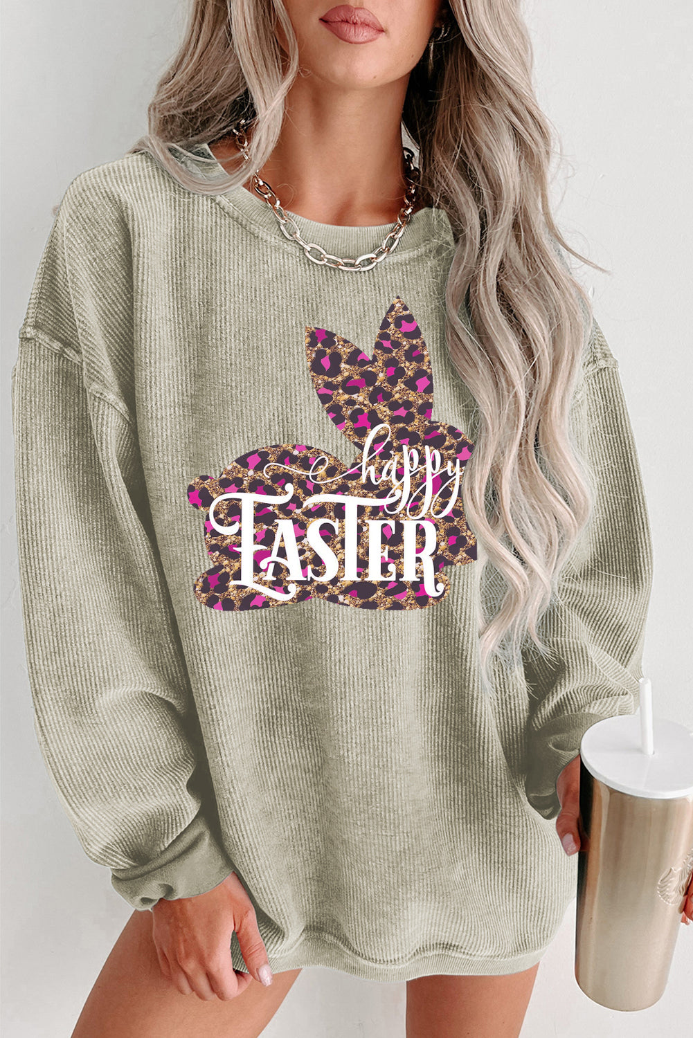 Easter Leopard Bunny Ribbed Knit Round Neck Pullover