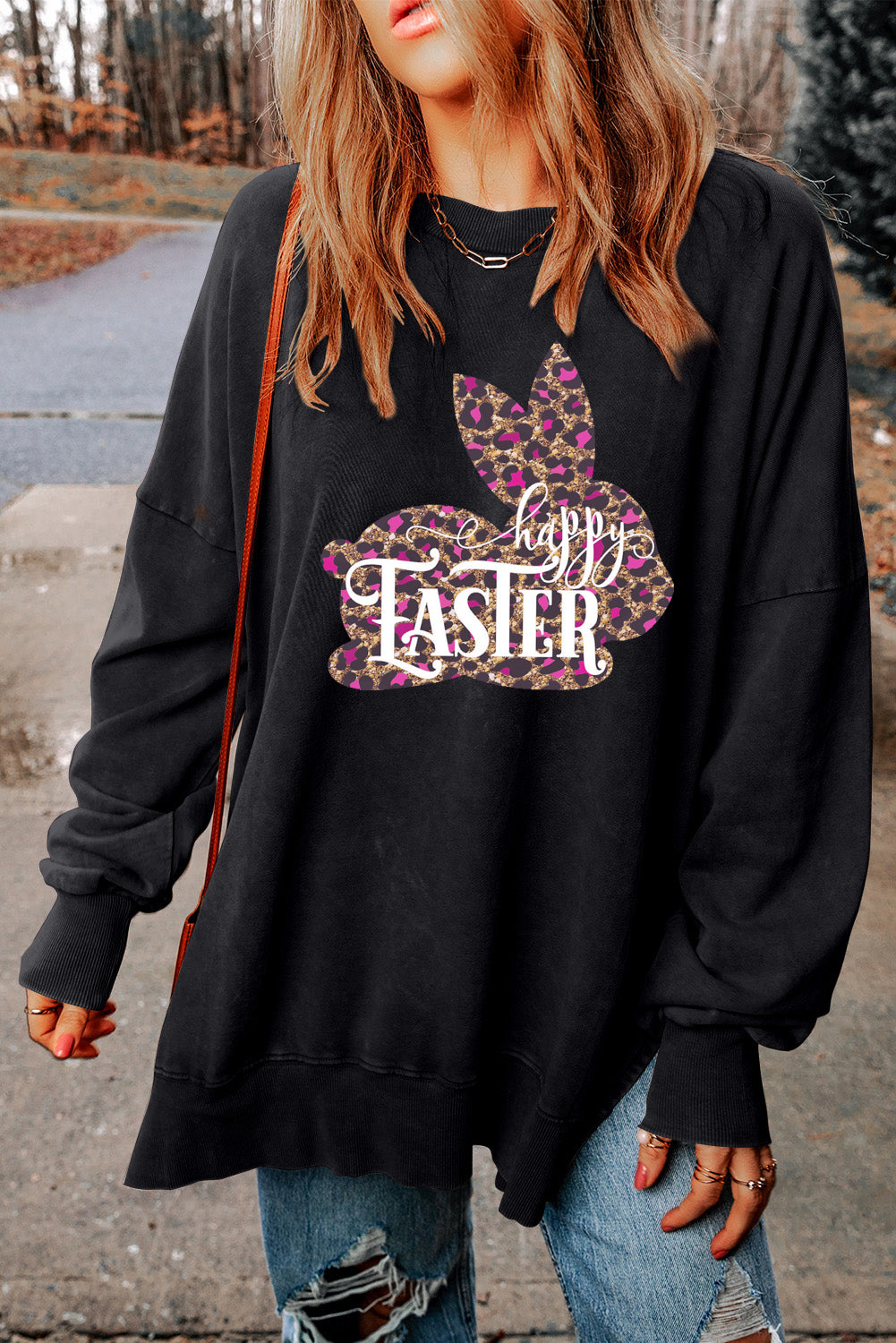 Easter Leopard Bunny Drop Shoulder Ribbed Trim Oversized Sweatshirt