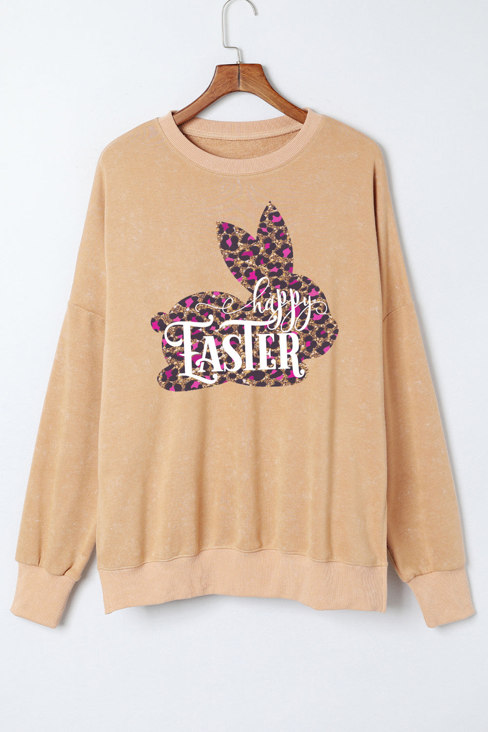 Easter Leopard Bunny Drop Shoulder Ribbed Trim Oversized Sweatshirt