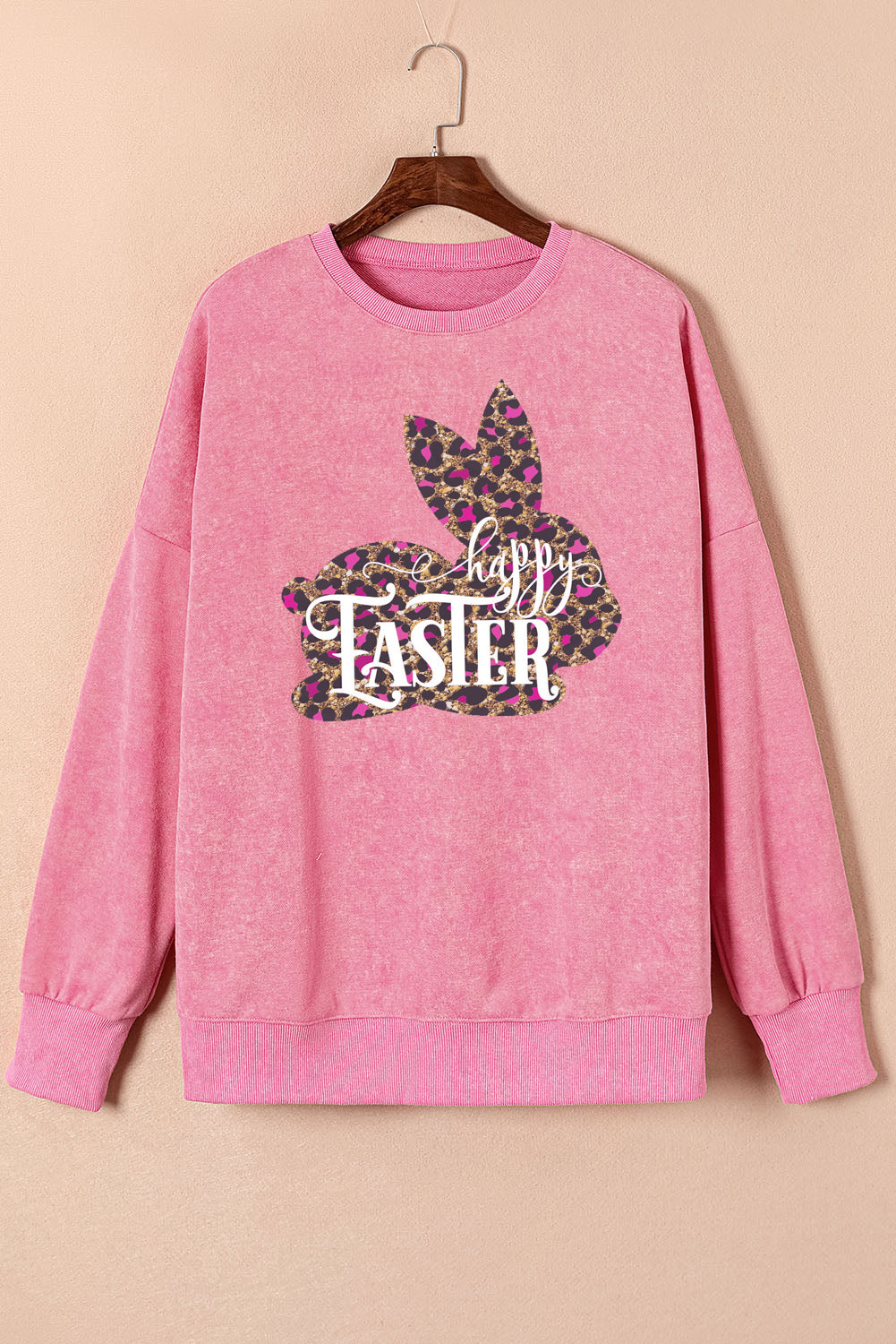 Easter Leopard Bunny Drop Shoulder Ribbed Trim Oversized Sweatshirt