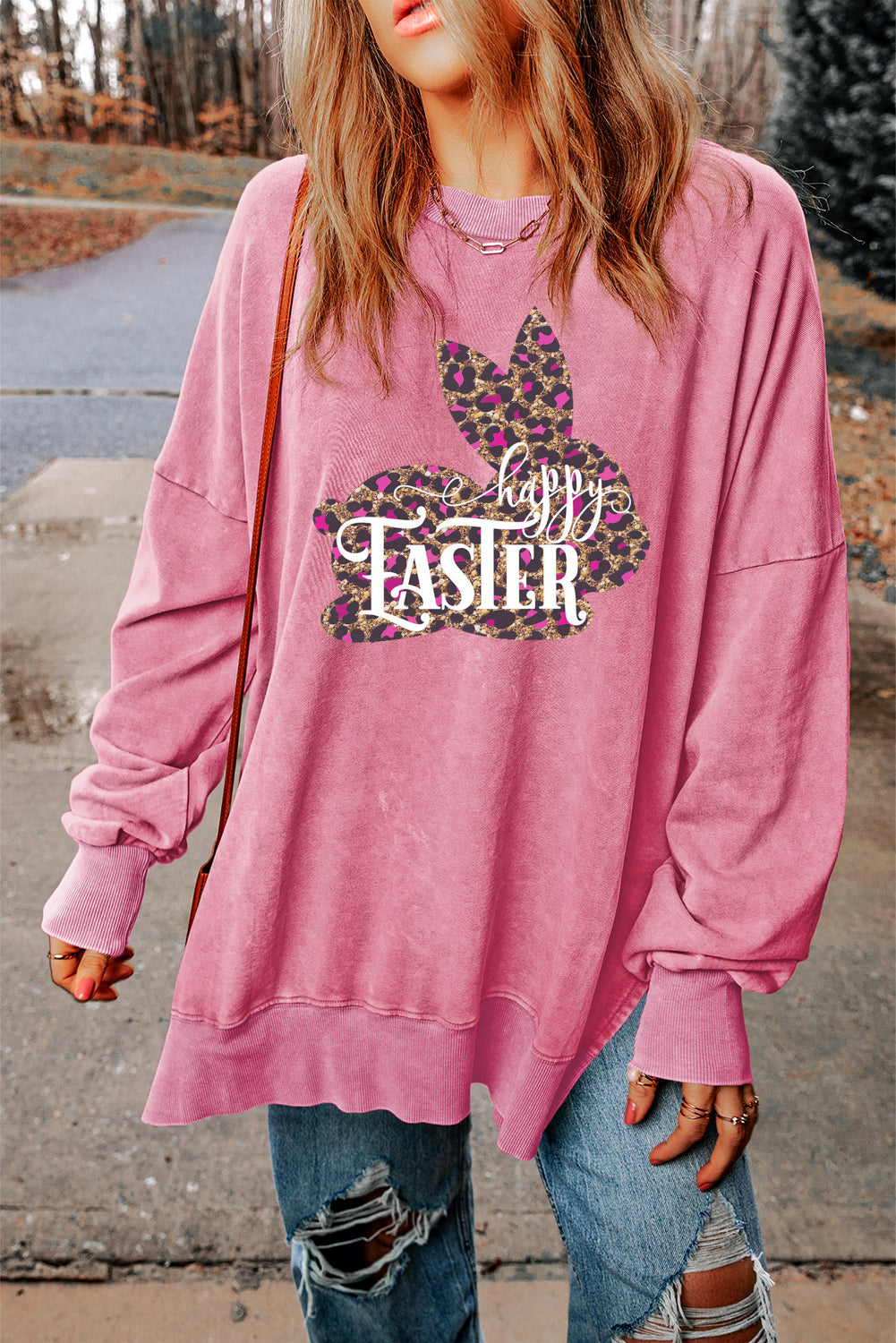 Easter Leopard Bunny Drop Shoulder Ribbed Trim Oversized Sweatshirt