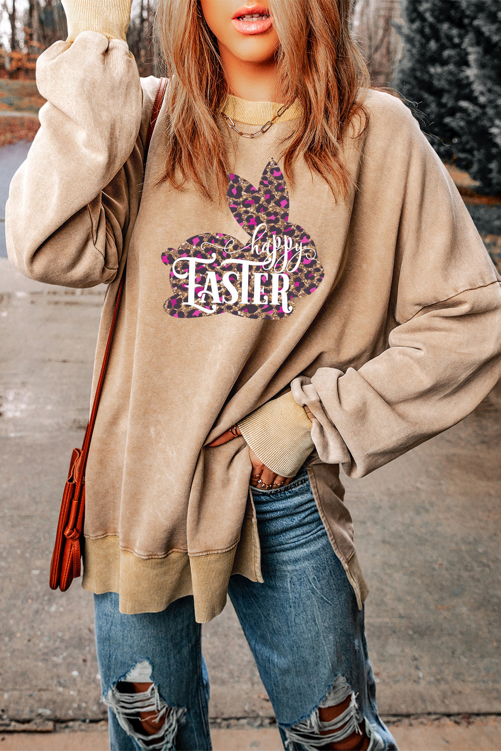 Easter Leopard Bunny Drop Shoulder Ribbed Trim Oversized Sweatshirt
