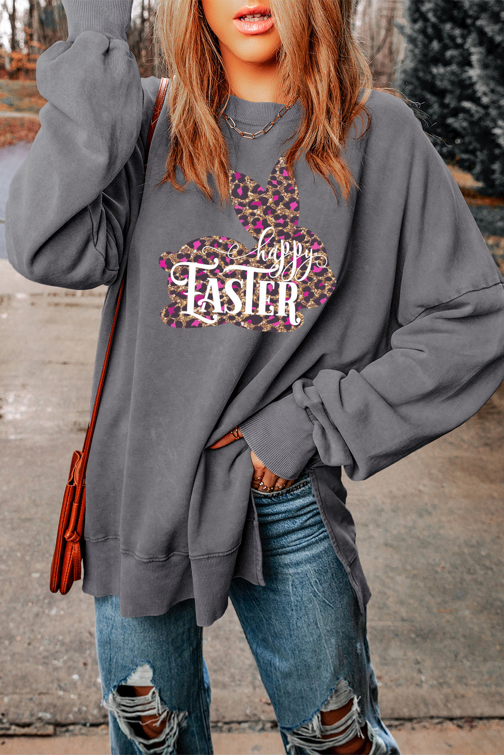 Easter Leopard Bunny Drop Shoulder Ribbed Trim Oversized Sweatshirt