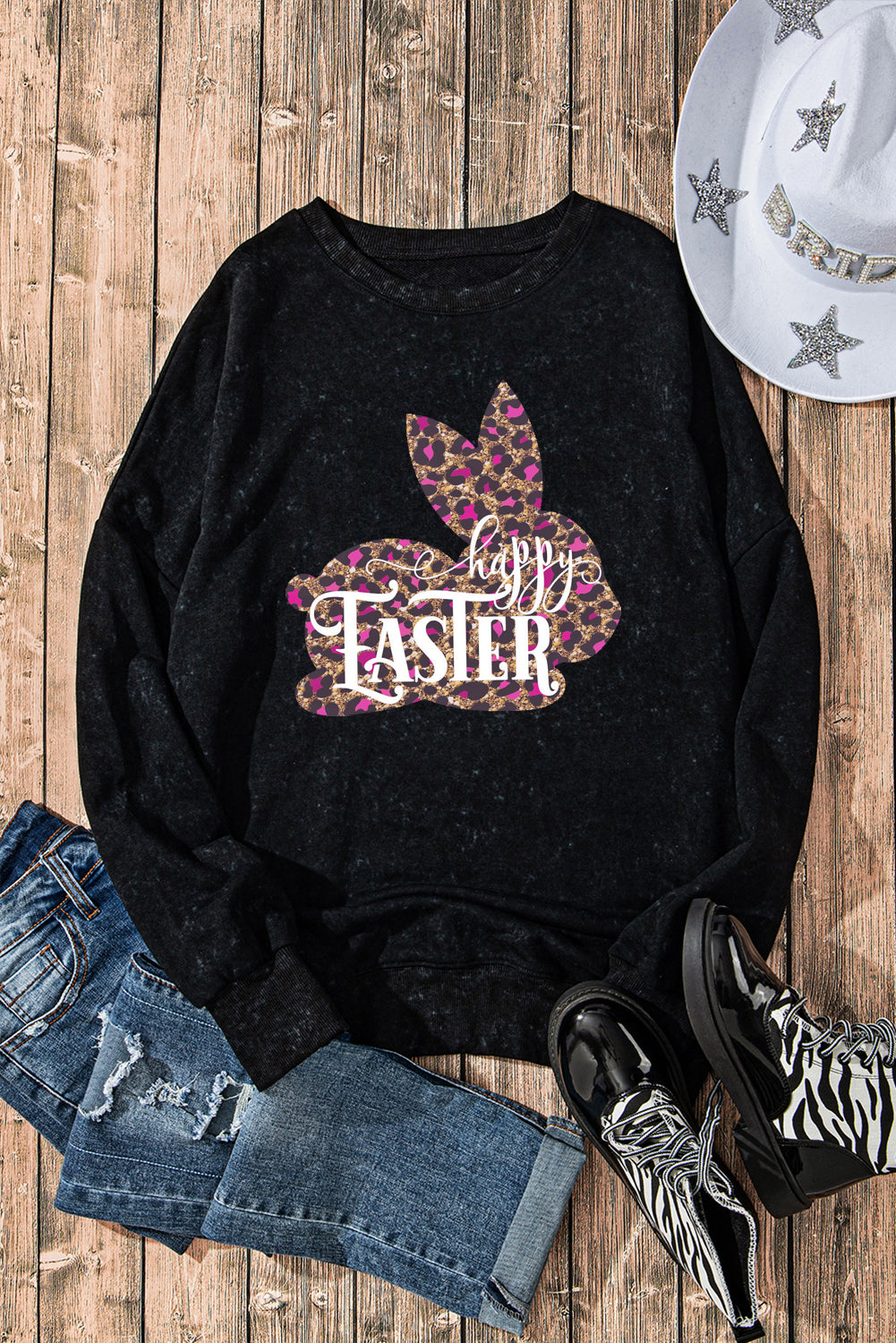 Easter Leopard Bunny Drop Shoulder Ribbed Trim Oversized Sweatshirt
