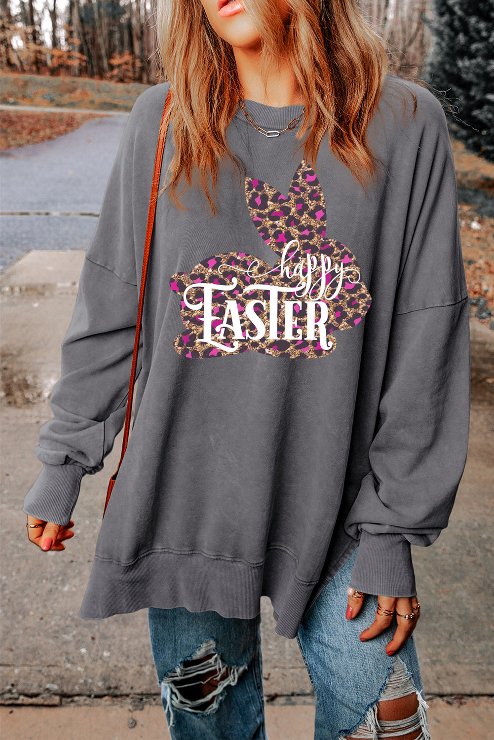 Easter Leopard Bunny Drop Shoulder Ribbed Trim Oversized Sweatshirt