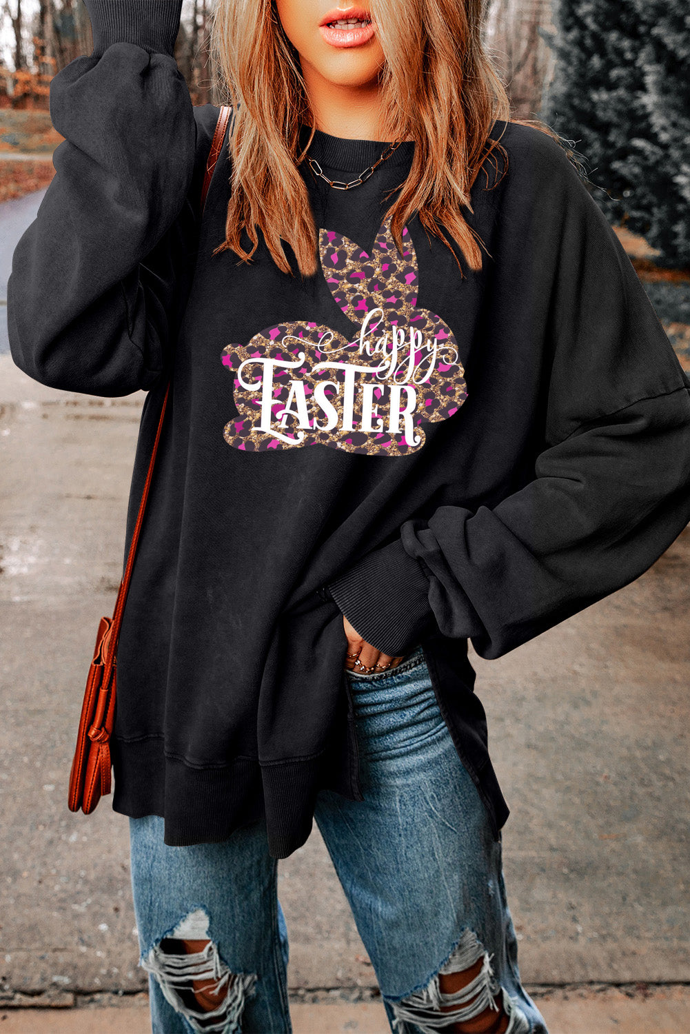 Easter Leopard Bunny Drop Shoulder Ribbed Trim Oversized Sweatshirt