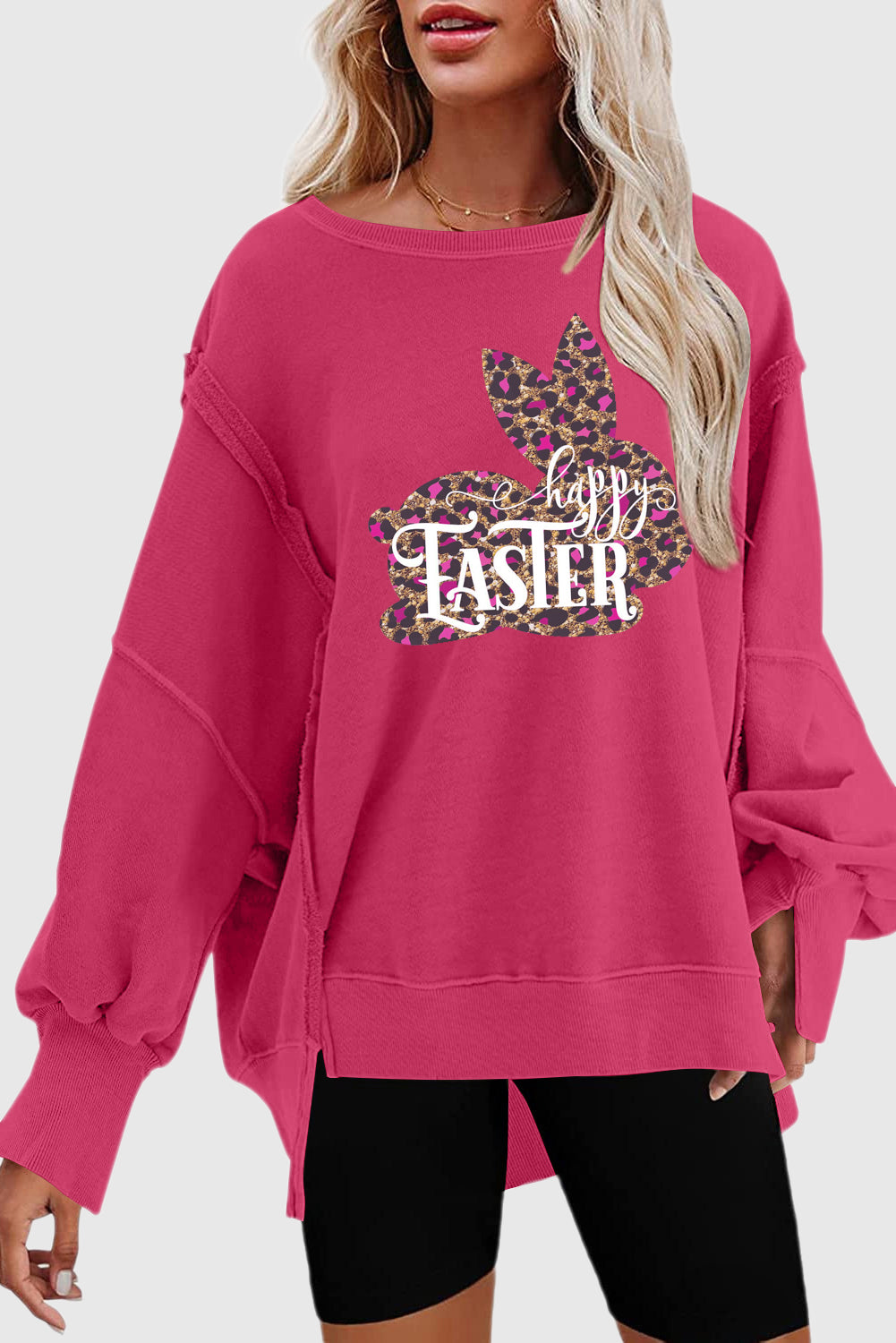 Easter Leopard Bunny Exposed Seam Drop Shoulder High-Low Sweatshirt