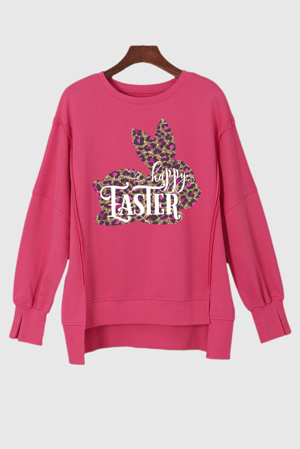 Easter Leopard Bunny Exposed Seam Drop Shoulder High-Low Sweatshirt