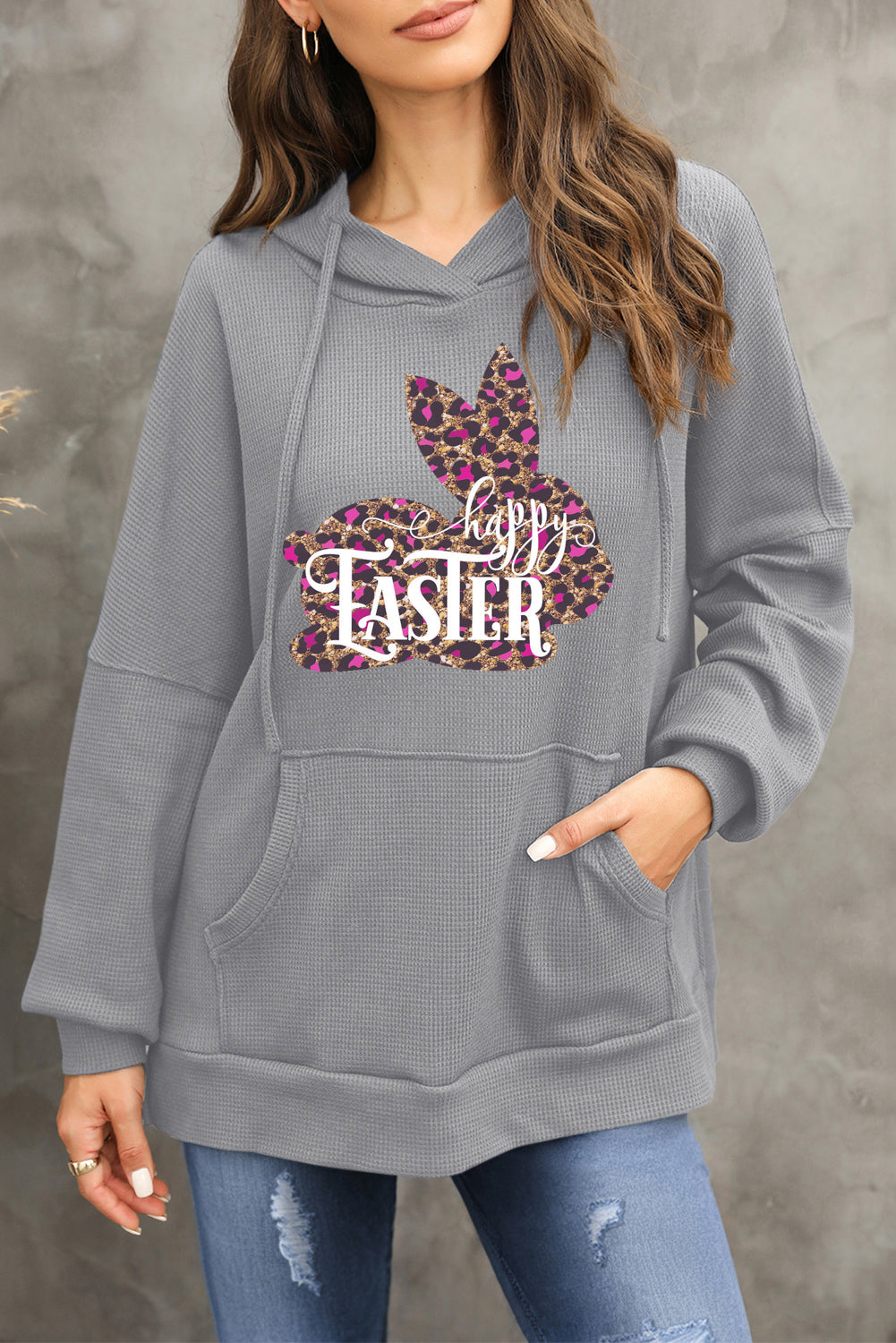 Easter Leopard Bunny Waffle Knit Fleece Lined High Low Oversized Hoodie