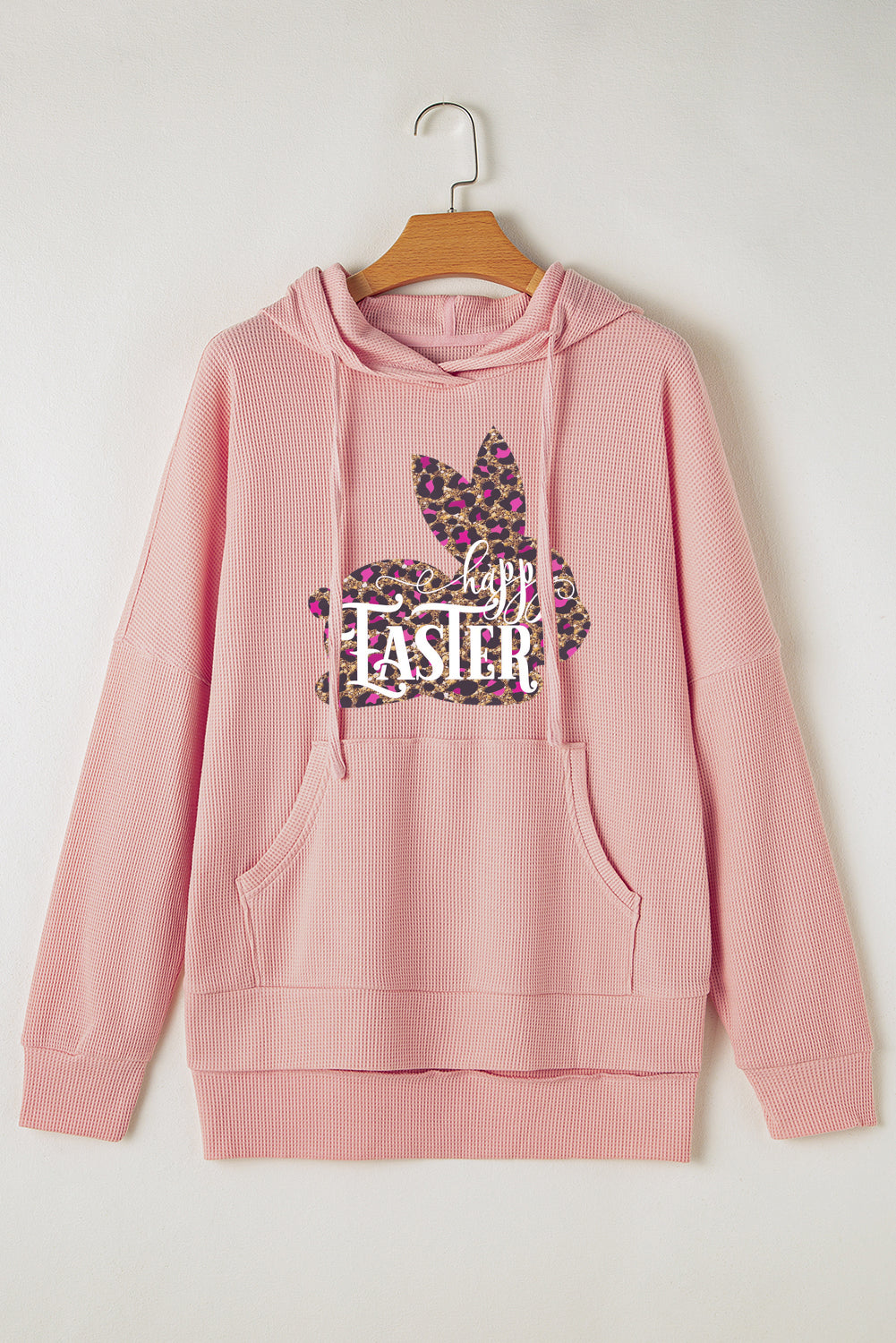 Easter Leopard Bunny Waffle Knit Fleece Lined High Low Oversized Hoodie