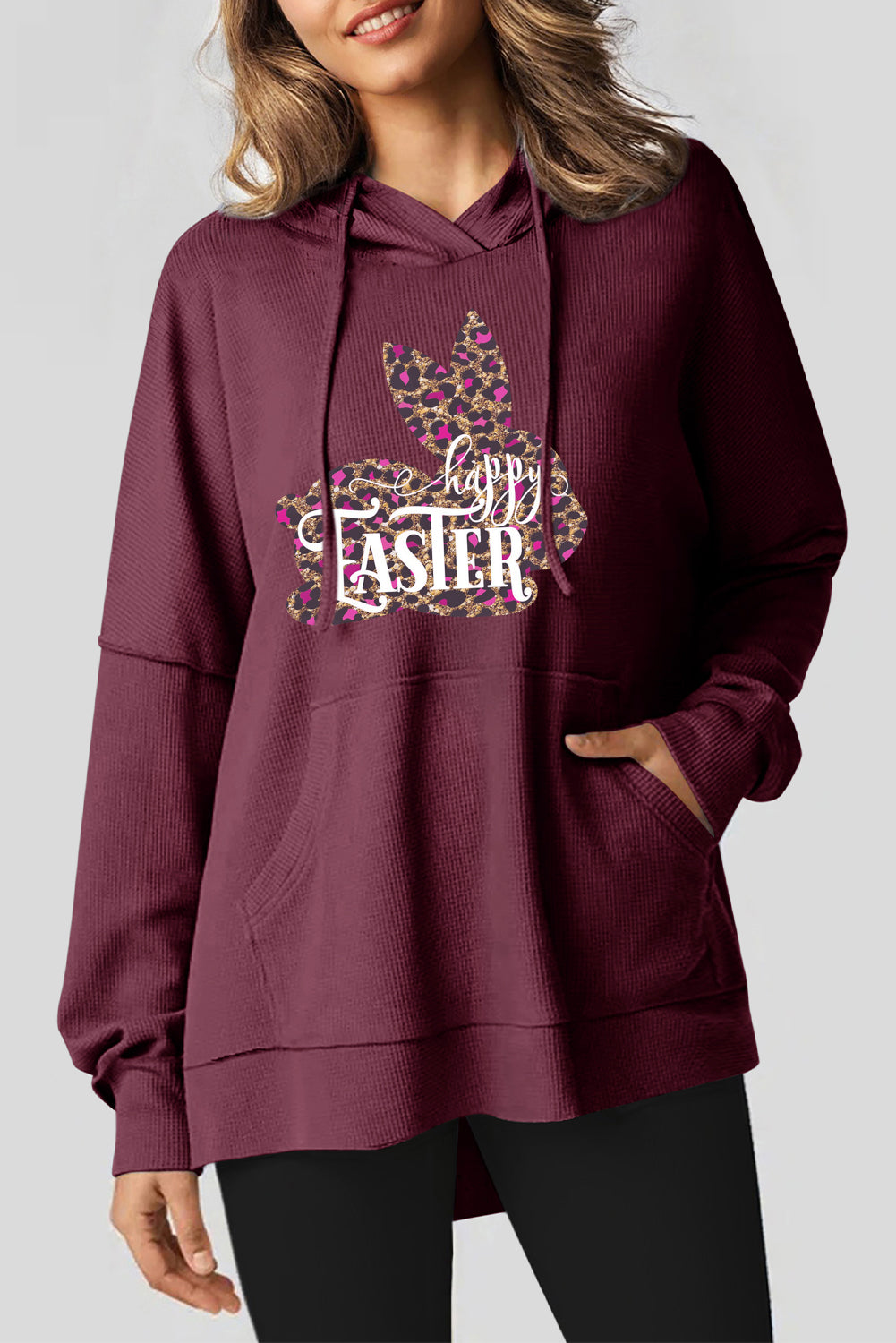Easter Leopard Bunny Waffle Knit Fleece Lined High Low Oversized Hoodie