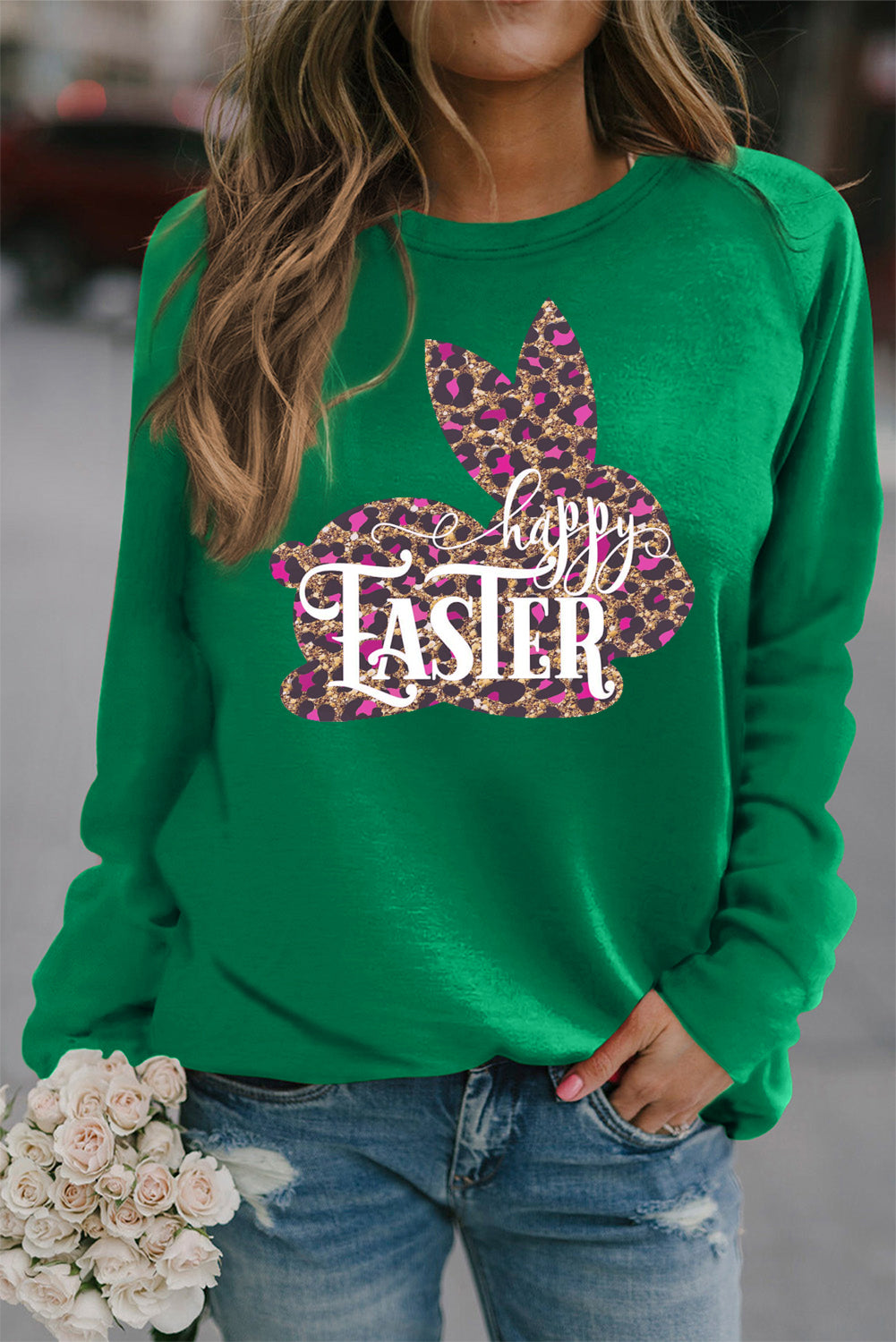 Easter Leopard Bunny Solid Round Neck Raglan Sleeve Sweatshirt
