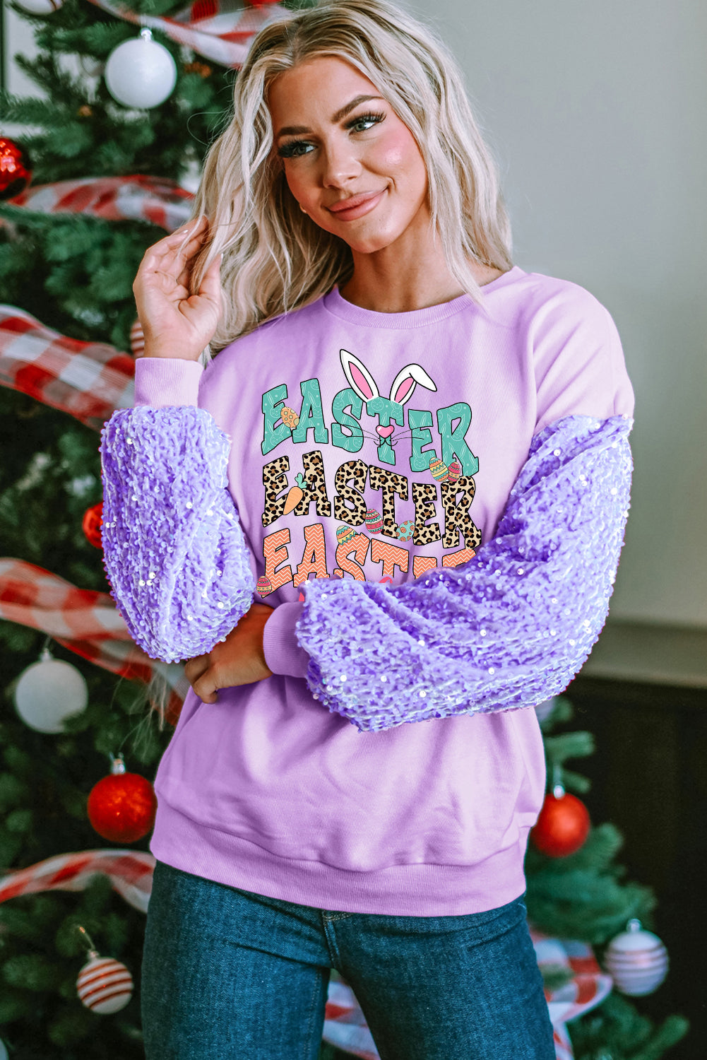 Bunny Vibes Sequin Patchwork Long Sleeve Pullover with Easter