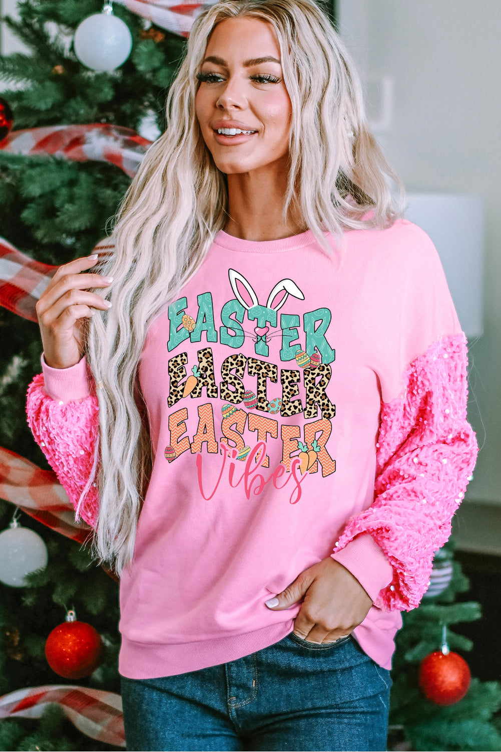 Bunny Vibes Sequin Patchwork Long Sleeve Pullover with Easter