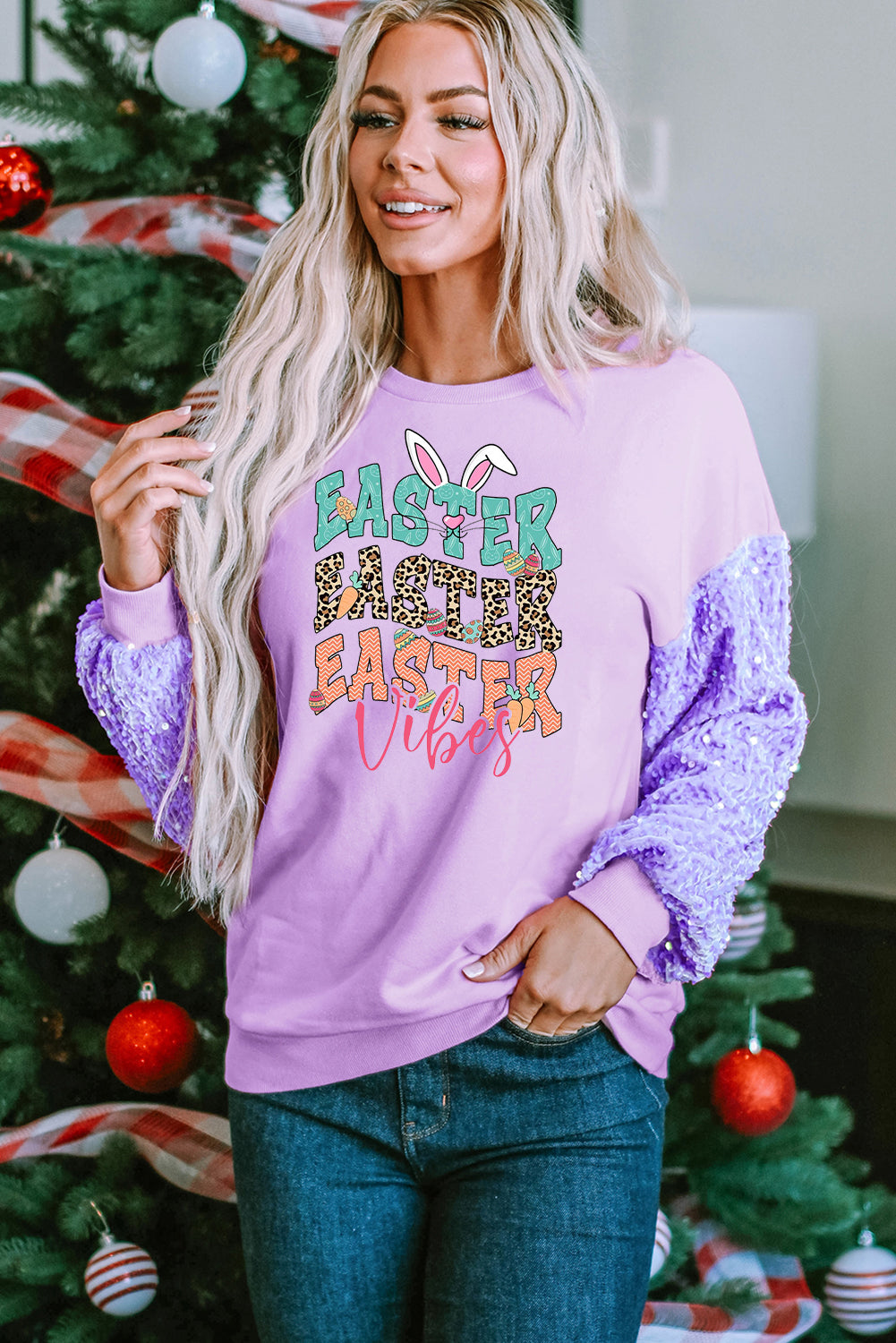 Bunny Vibes Sequin Patchwork Long Sleeve Pullover with Easter