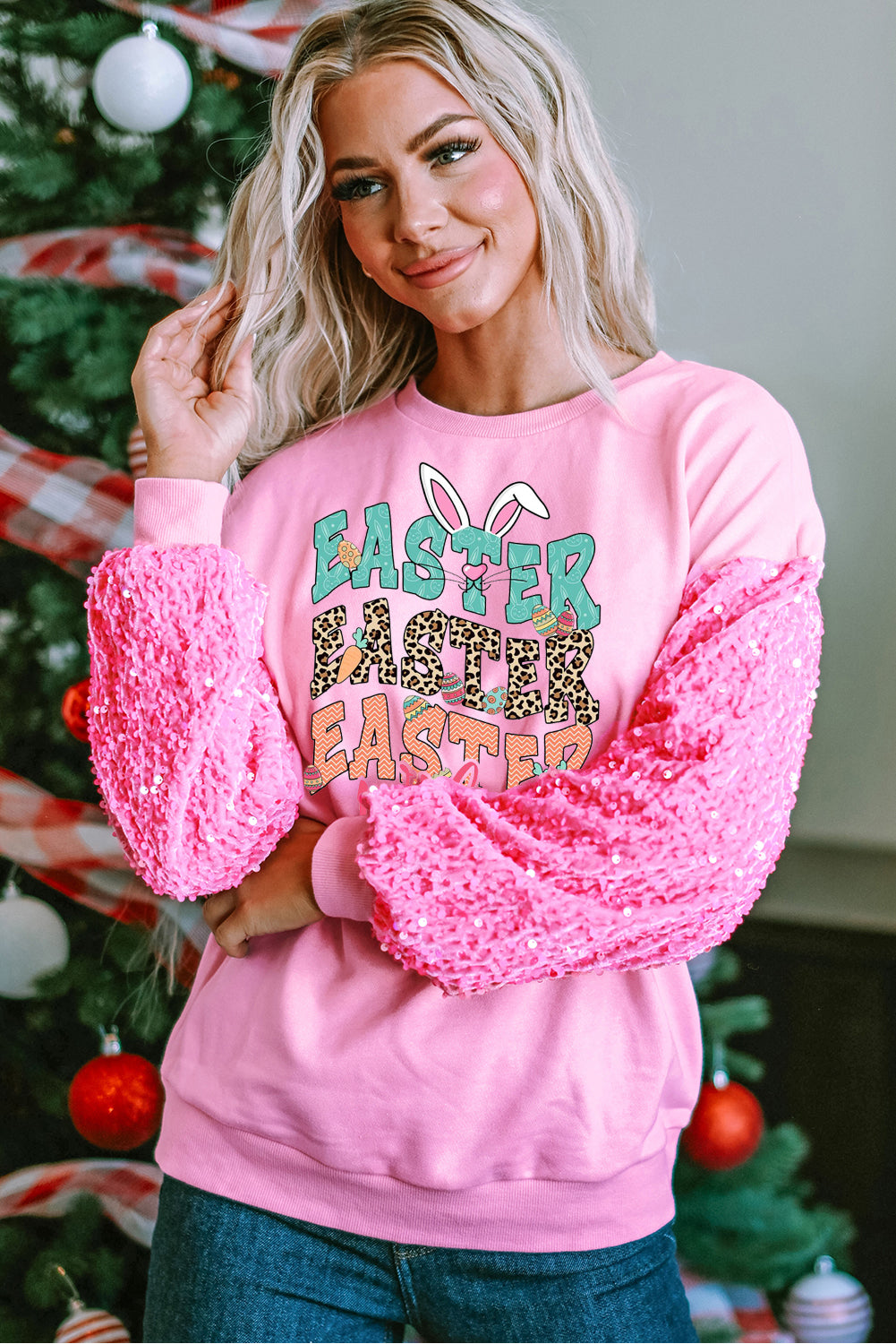 Bunny Vibes Sequin Patchwork Long Sleeve Pullover with Easter