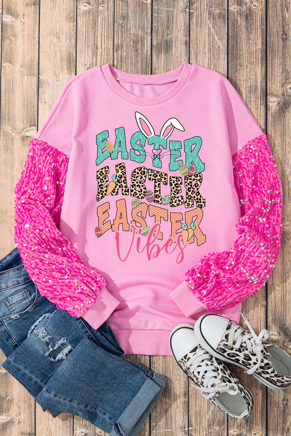 Bunny Vibes Sequin Patchwork Long Sleeve Pullover with Easter