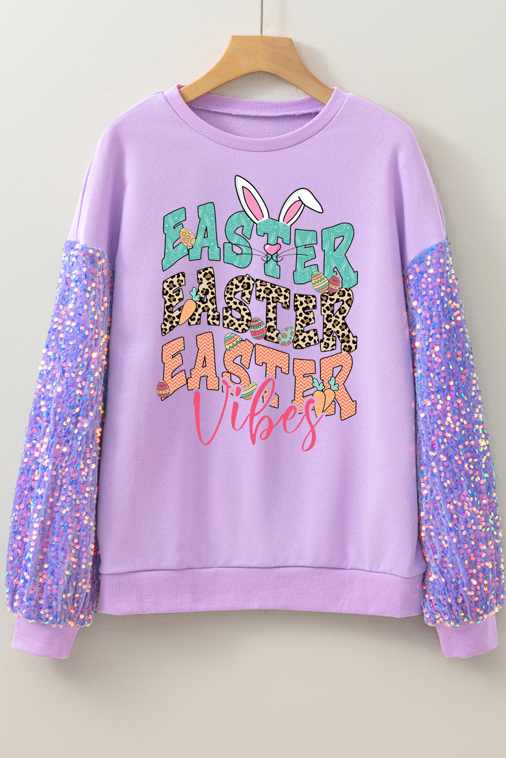Bunny Vibes Sequin Patchwork Long Sleeve Pullover with Easter