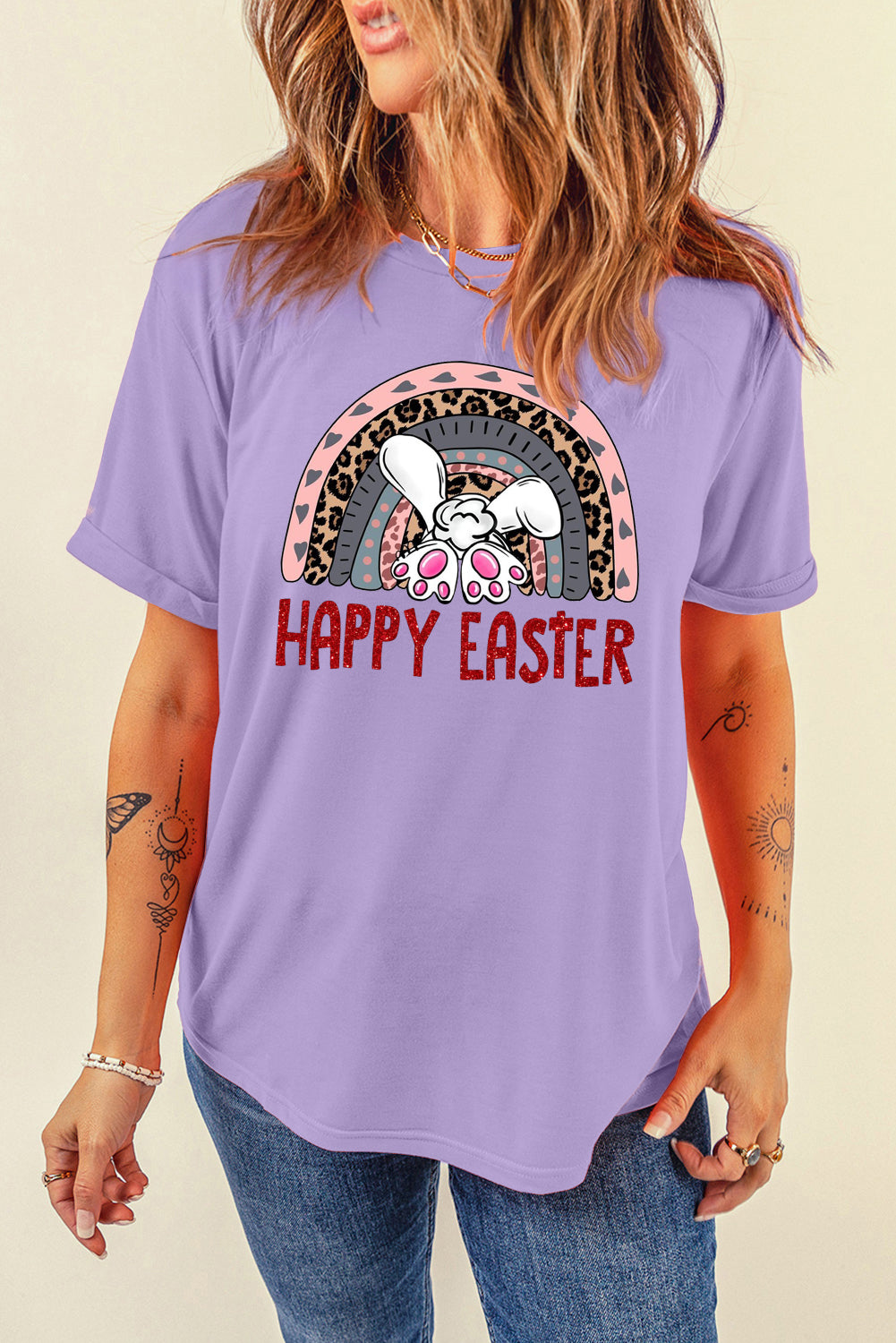 Bunny Vibes Color Casual Plain Crew Neck Tee for Easter's Day
