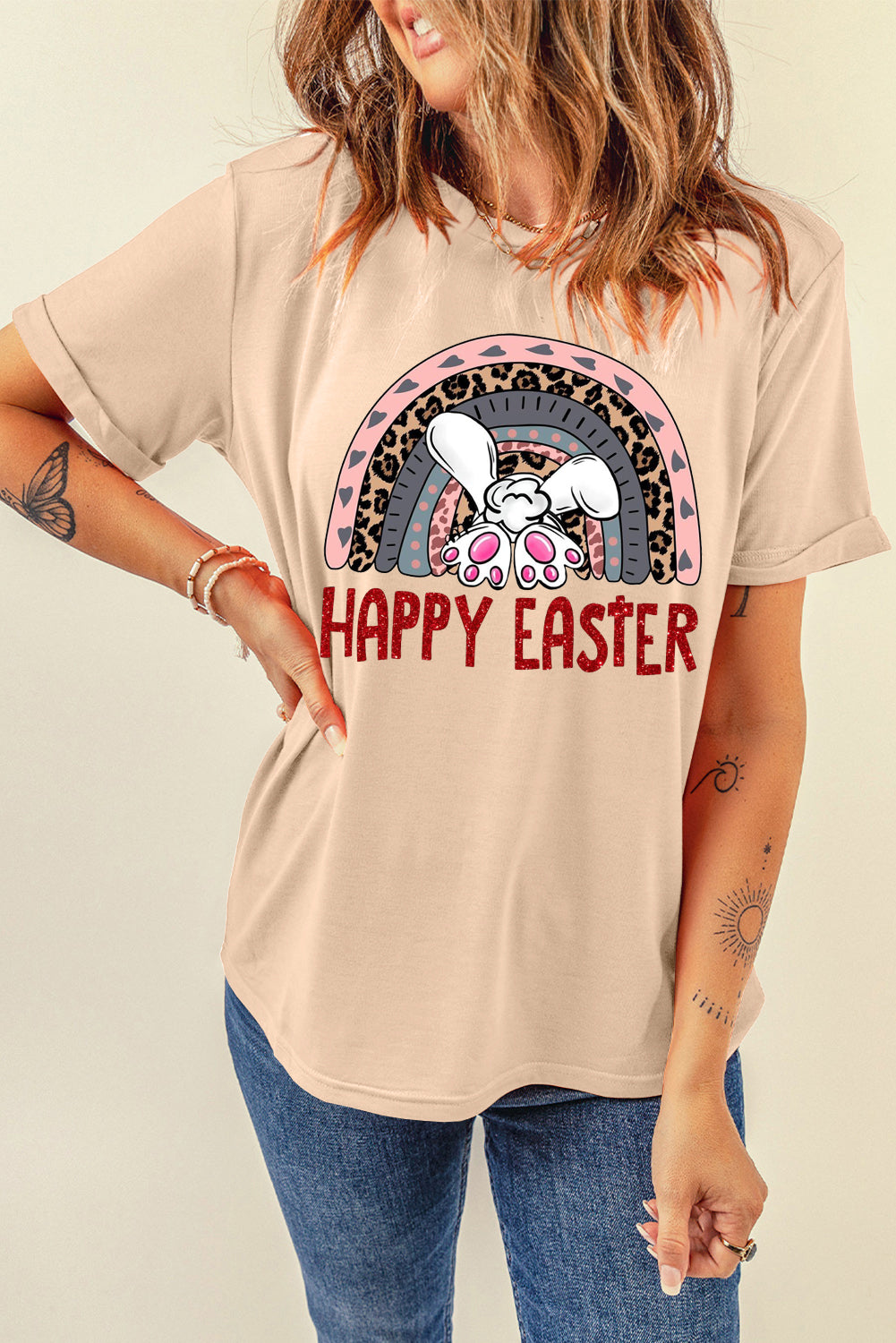 Bunny Vibes Color Casual Plain Crew Neck Tee for Easter's Day