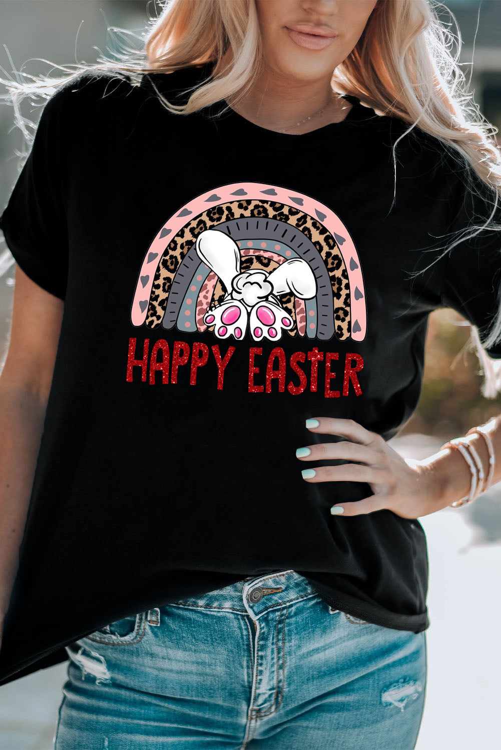 Bunny Vibes Color Casual Plain Crew Neck Tee for Easter's Day