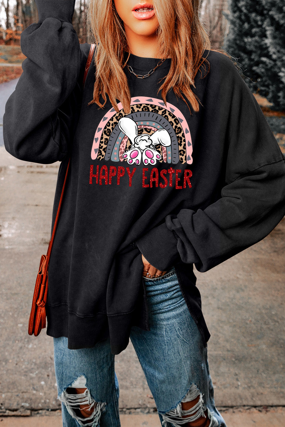 Bunny Vibes Drop Shoulder Ribbed Trim Oversized Sweatshirt