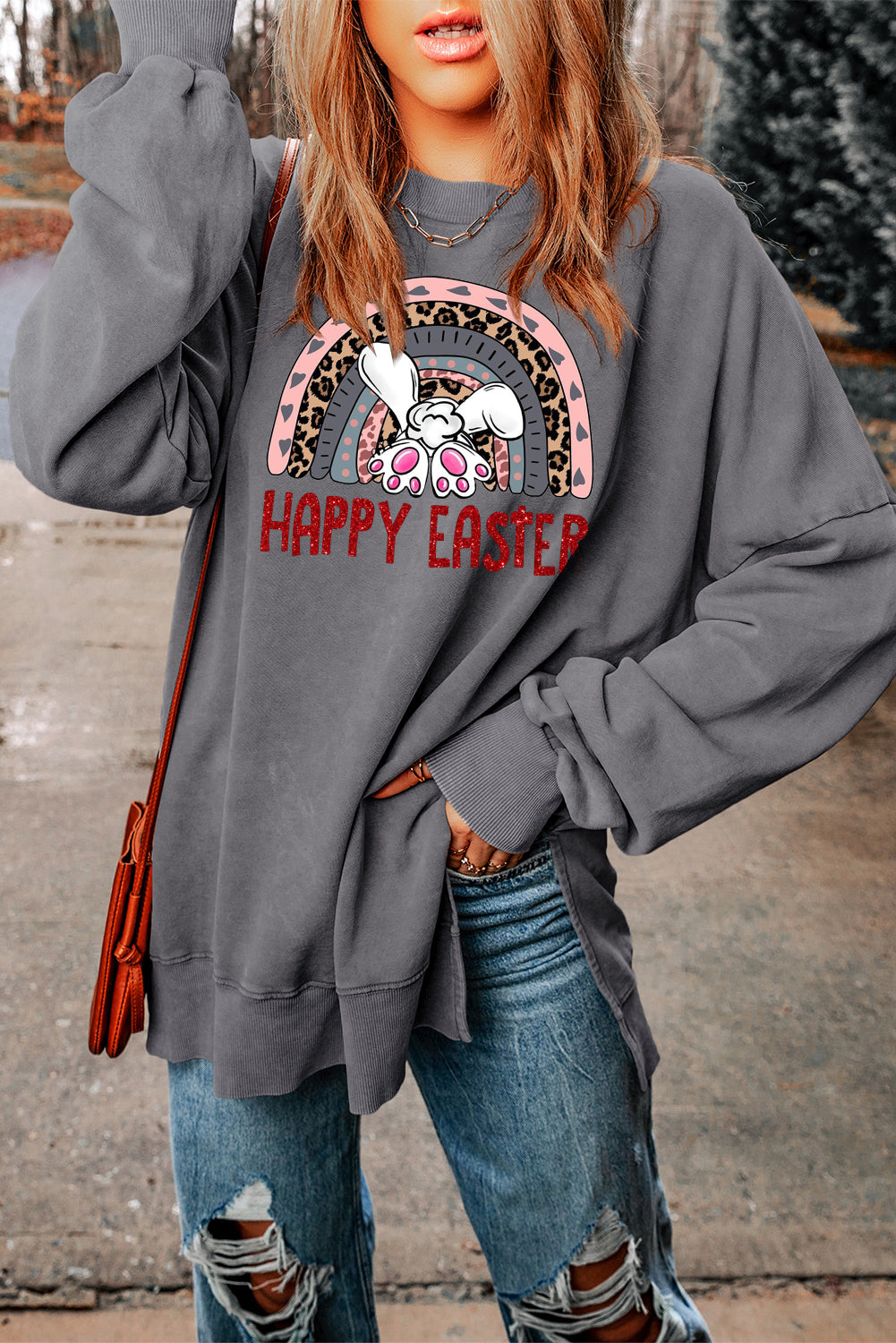 Bunny Vibes Drop Shoulder Ribbed Trim Oversized Sweatshirt