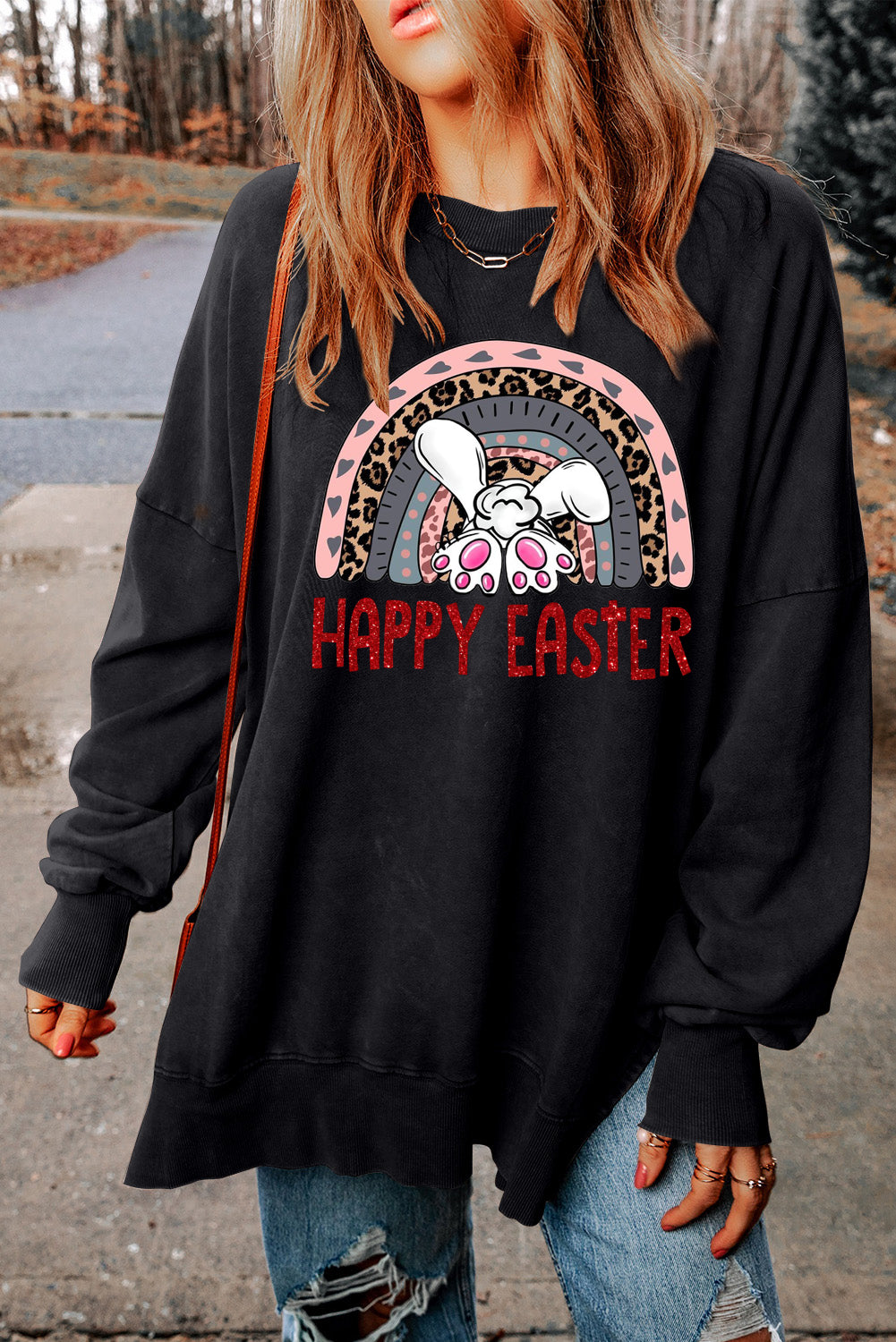 Bunny Vibes Drop Shoulder Ribbed Trim Oversized Sweatshirt
