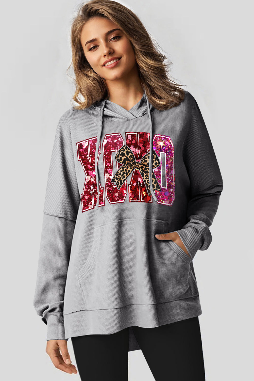 Valentine's Day XOXO Date Night Waffle Knit Fleece Lined Hoodie
