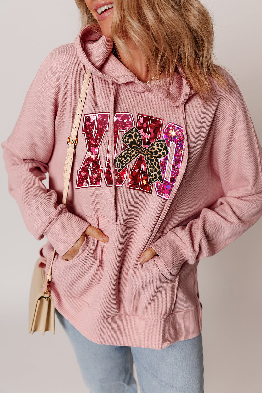 Valentine's Day XOXO Date Night Waffle Knit Fleece Lined Hoodie