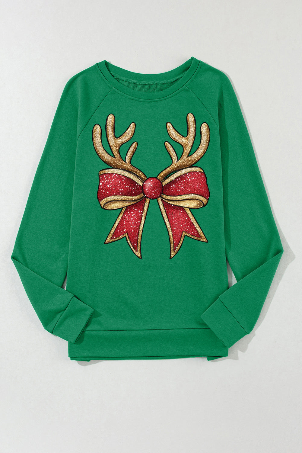 Christmas Solid Color Crew Neck Pullover Antler Bow Pattern Sweatshirt